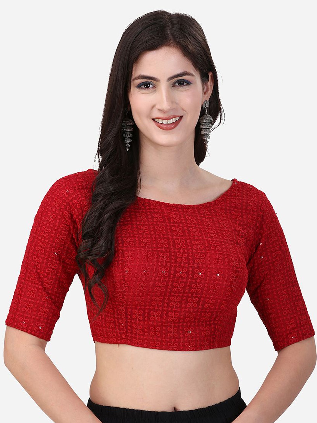 

Oomph! Embroidered Cotton Short Sleeves Saree Blouse, Red