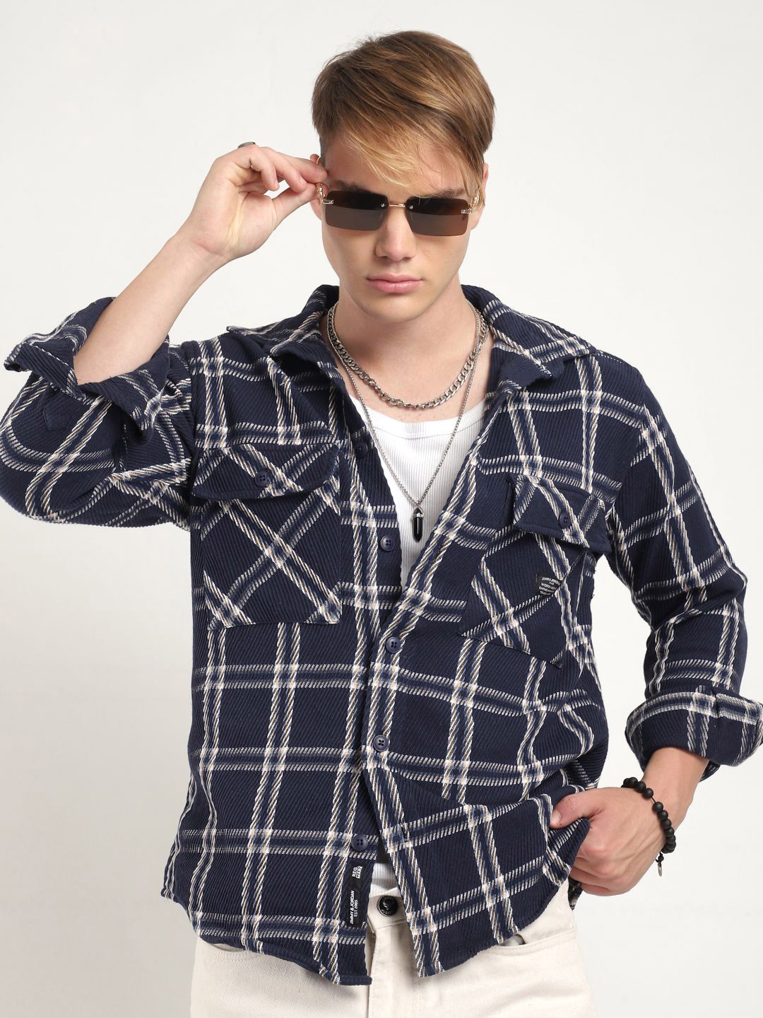 

JIMMY & JORDAN Men Standard Opaque Checked Casual Shirt, Navy blue