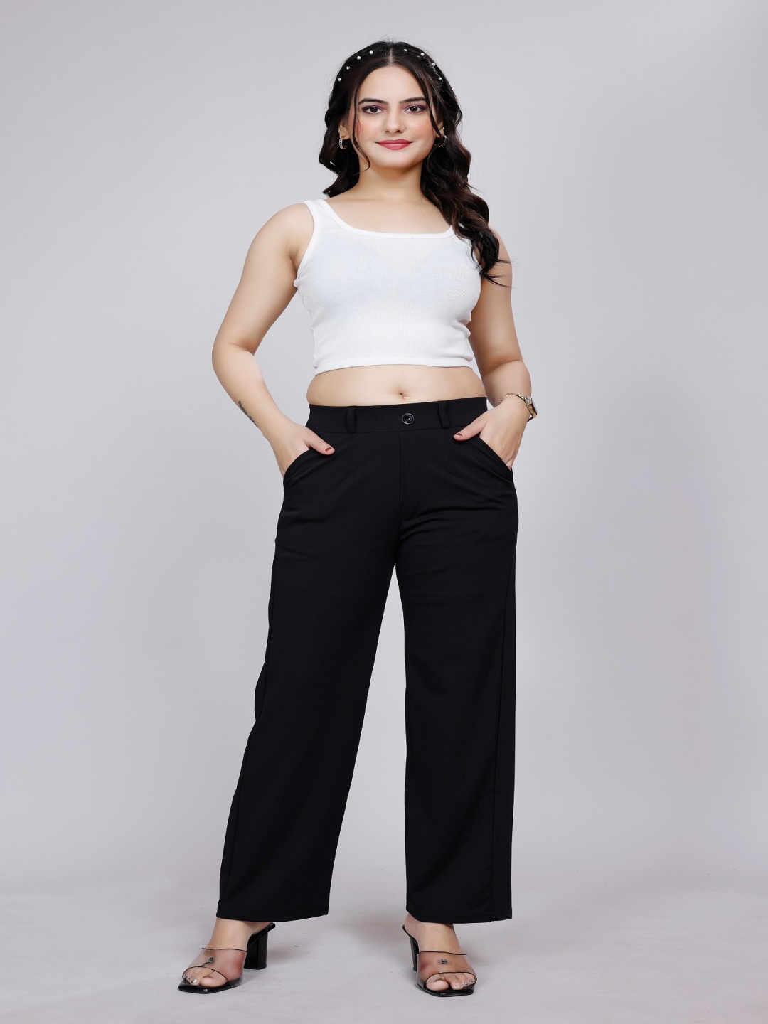 

NU CLOTHS Women Relaxed Straight Leg High-Rise Trousers, Black