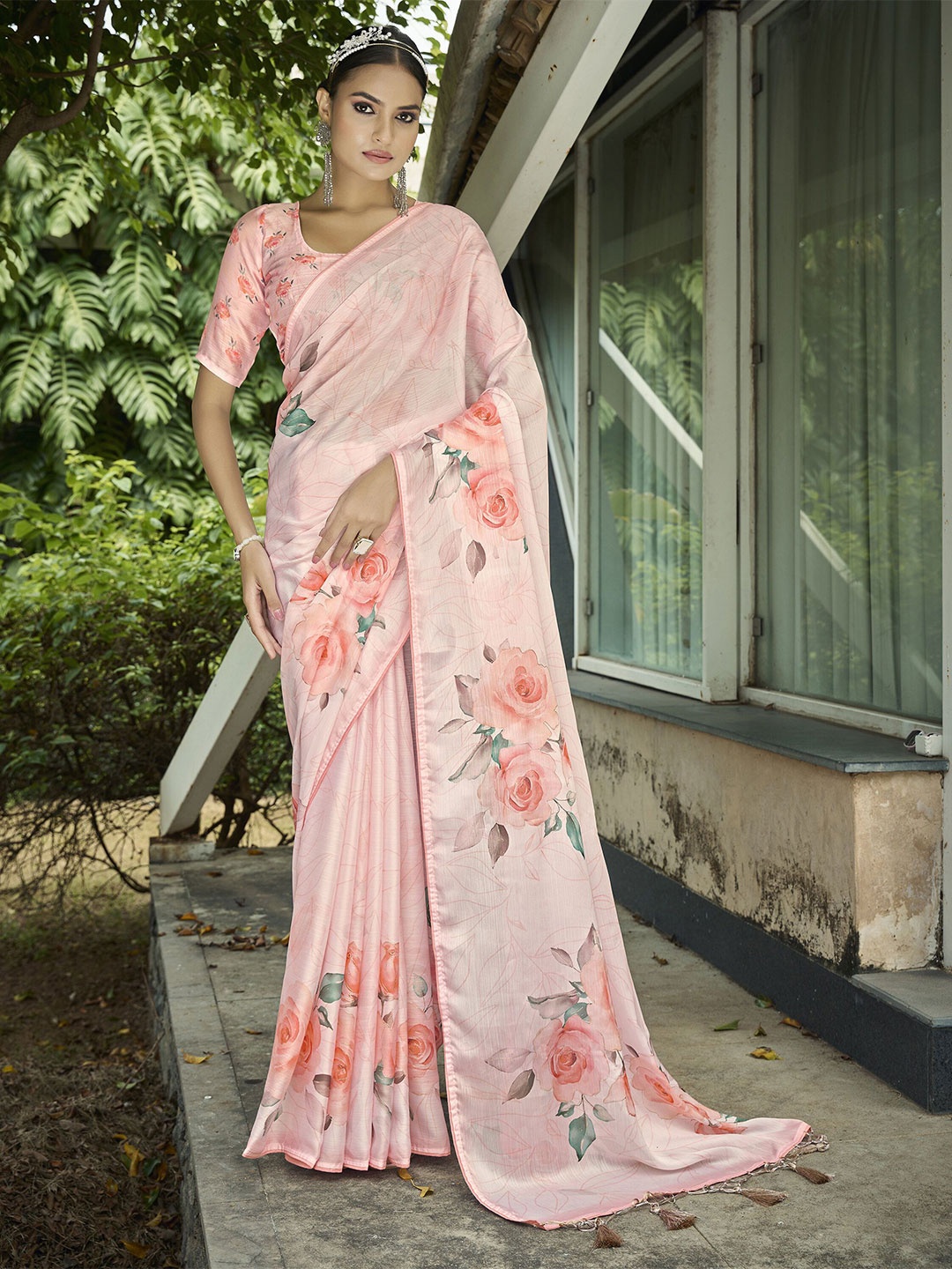 

TASRIKA Floral Satin Saree, Coral