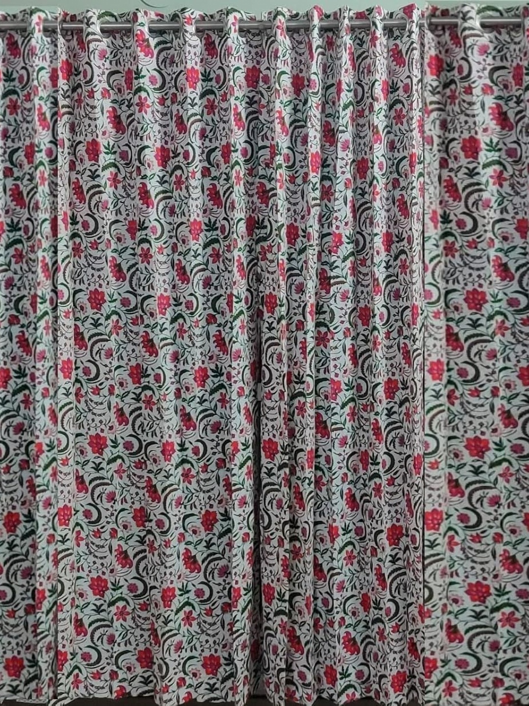 

Trance Home Linen Red & Off White 4 Pieces Floral Printed Cotton Window Curtains