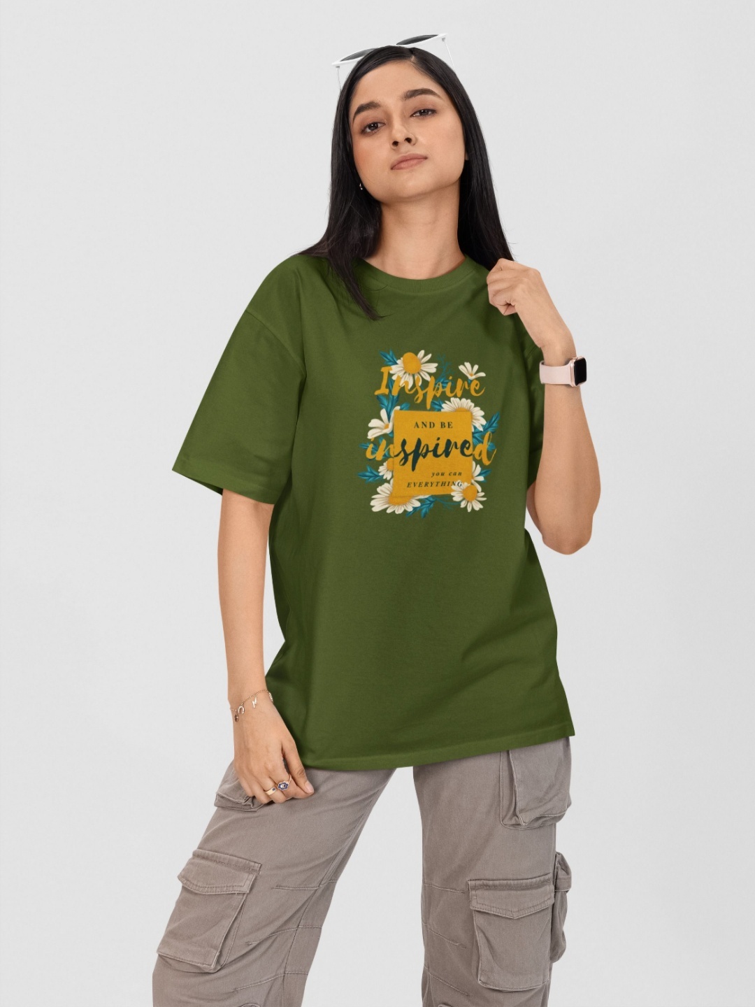 

Moda Rapido Women Printed Drop-Shoulder Sleeves Applique T-shirt, Green