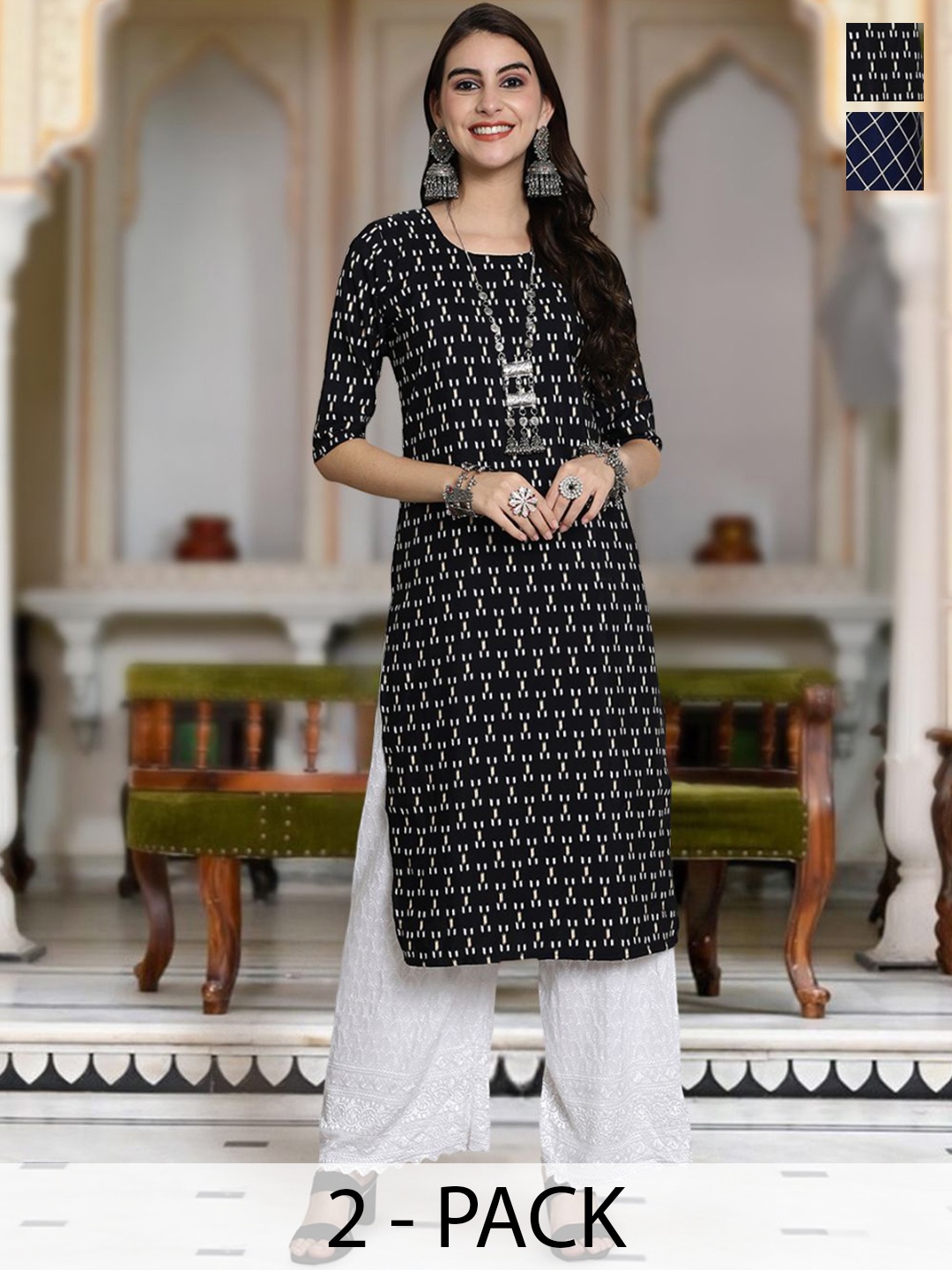 

Moda Rapido Selection Of 2 Geometric Printed Round Neck Straight Kurta, Black