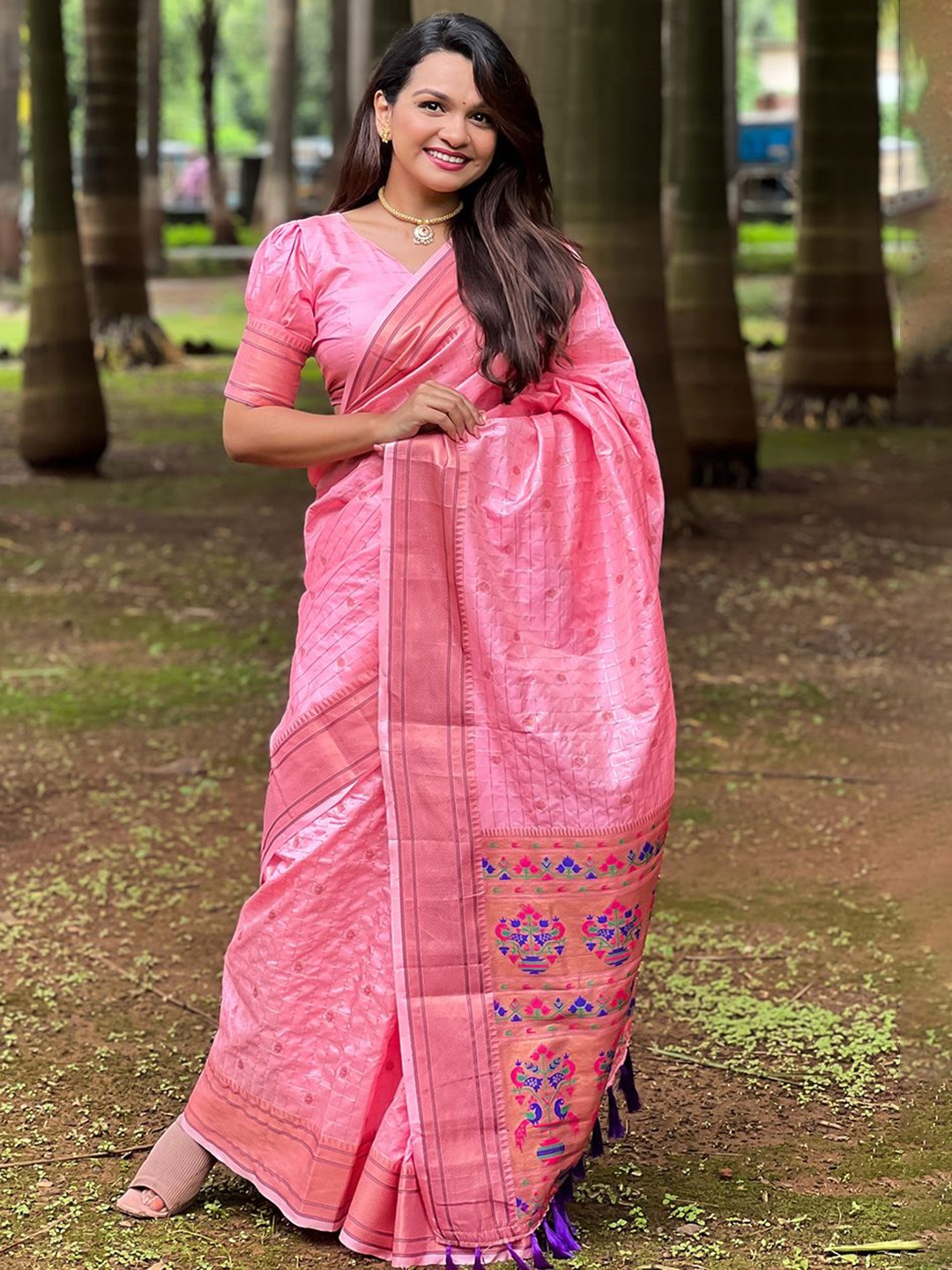 

all about you Woven Design Zari Silk Blend Paithani Saree, Pink