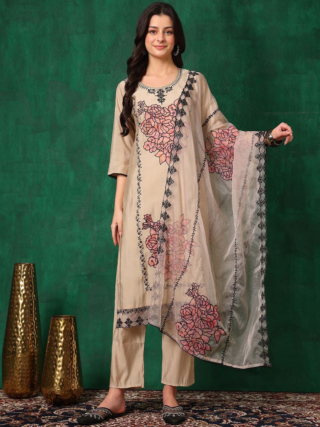 

KALINI Women Embroidered Regular Thread Work Chanderi Cotton Kurta with Trousers & With Dupatta, Beige