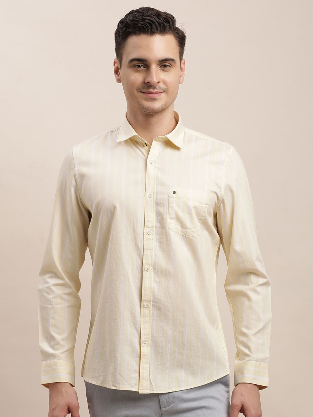 

Turtle Men Relaxed Slim Fit Opaque Striped Casual Shirt, Beige