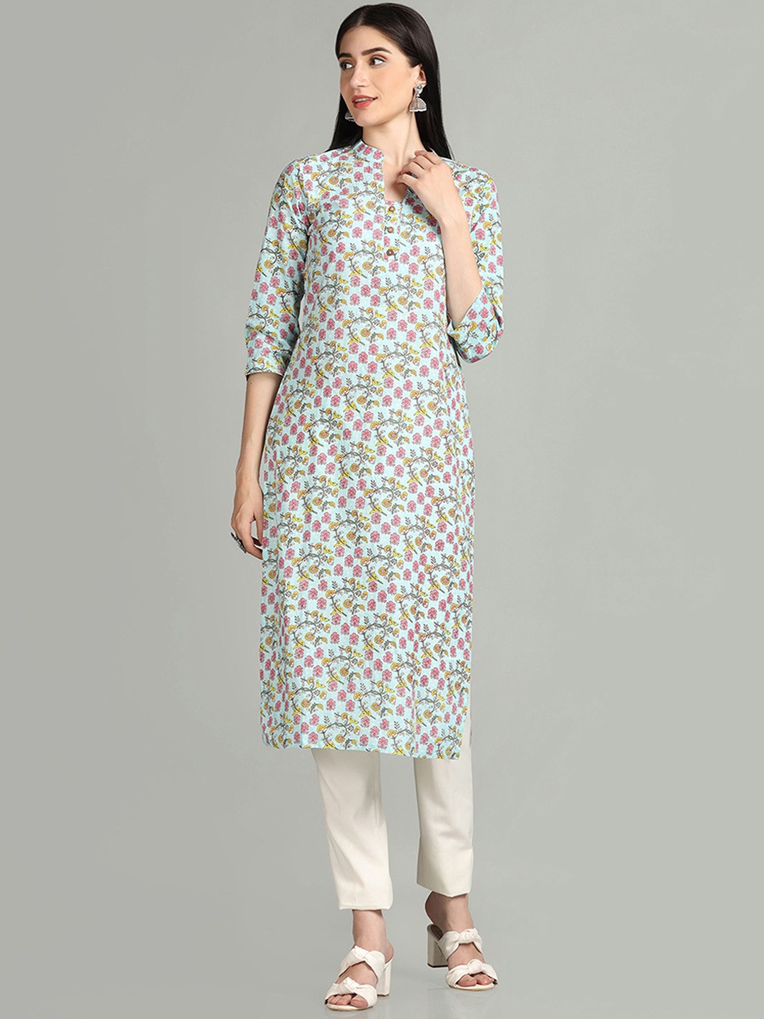 

KALINI Floral Printed Mandarin Collar Pure Cotton Straight Kurta, Blue