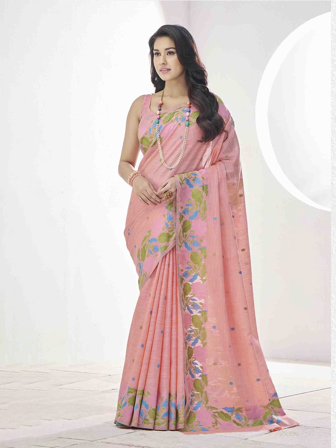 

KIMISHA Linen Blend Saree, Peach