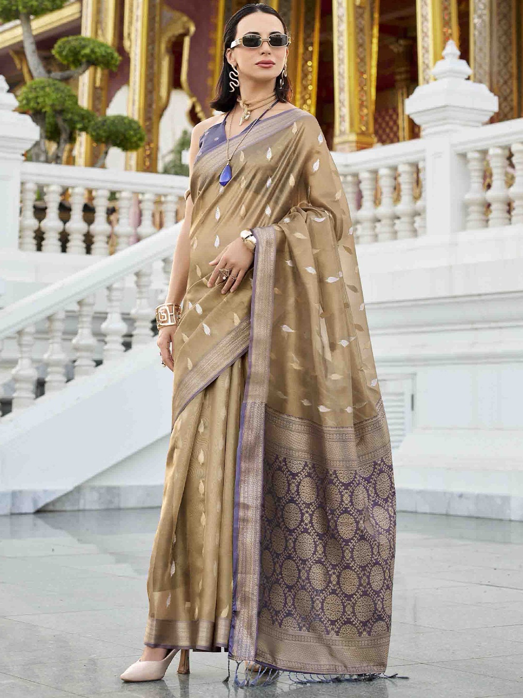 

Blissta Woven Design Zari Tissue Banarasi Saree, Khaki