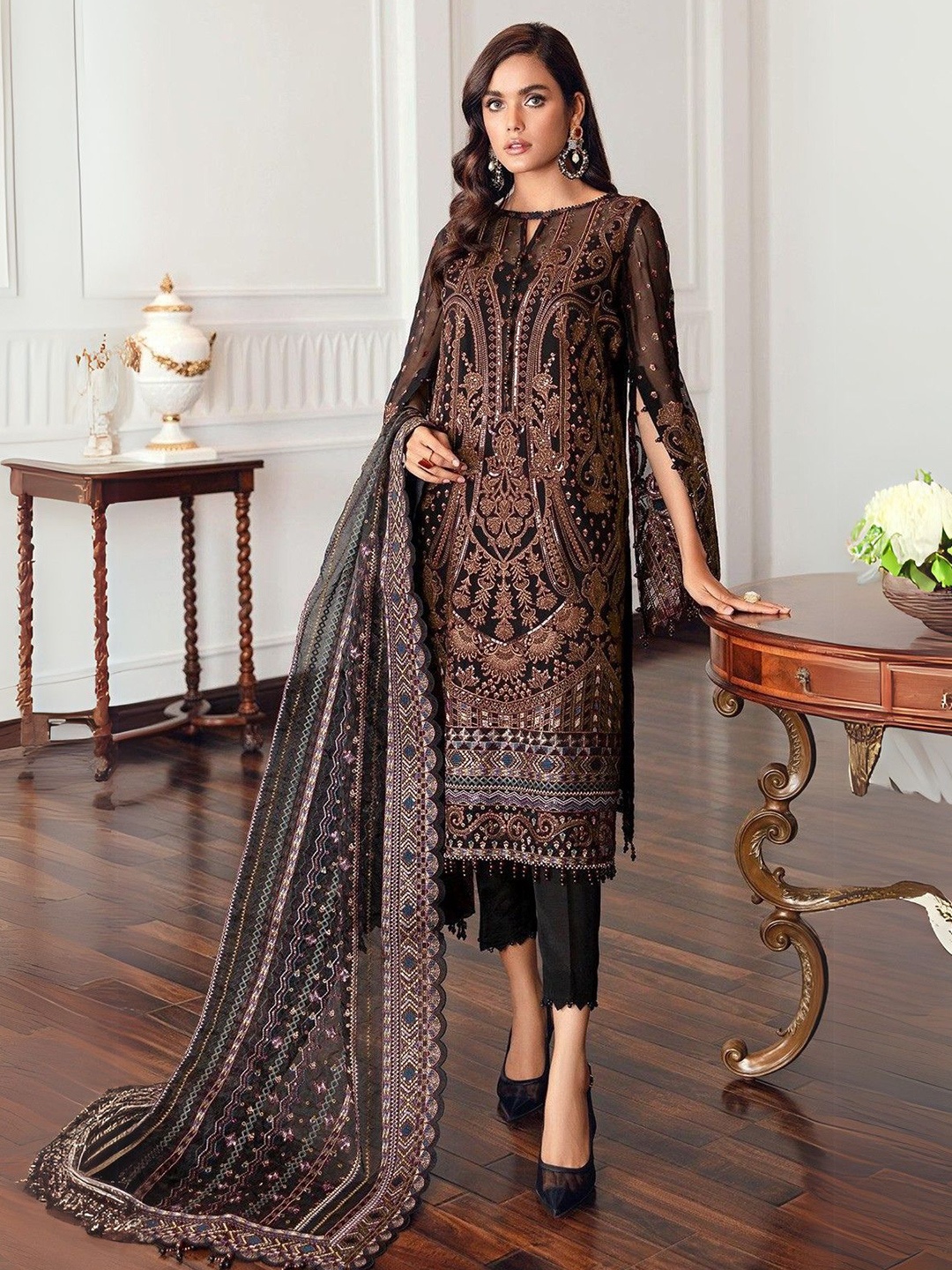 

ODETTE Women Black Georgette Rose Gold Embroidered Semi-Stitched Dress Material