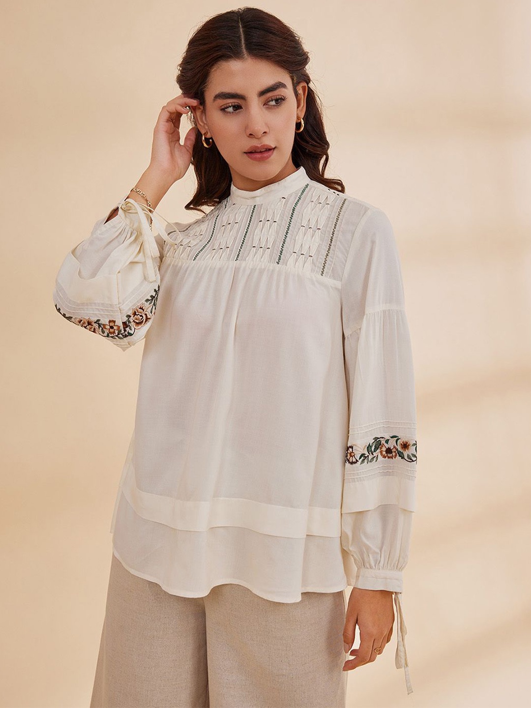 

B77 Embroidered Choker Neck Bamboo Boxy Top, Cream