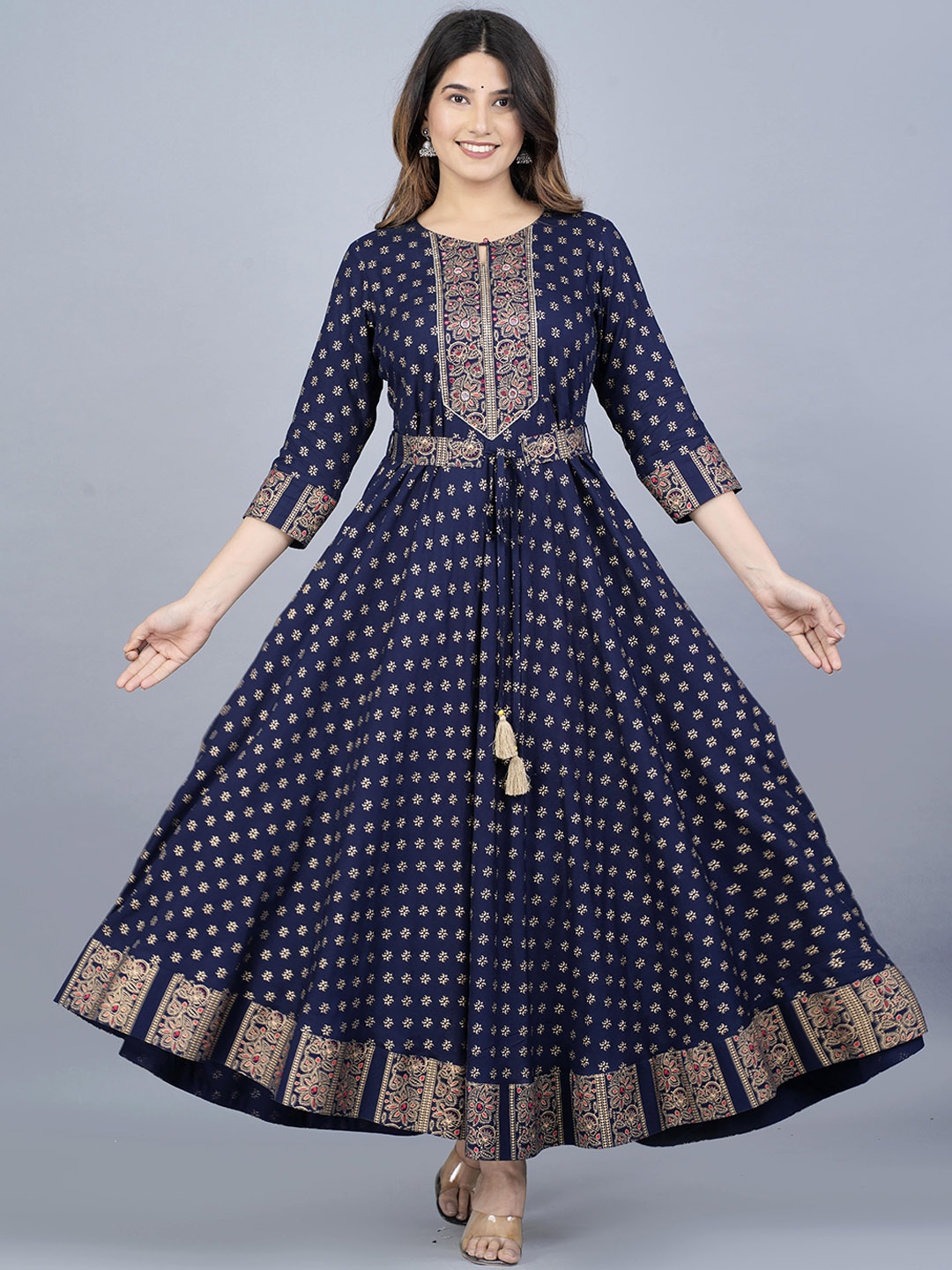 

Moda Rapido Ethnic Motifs Printed Keyhole A Line Kurta, Navy blue
