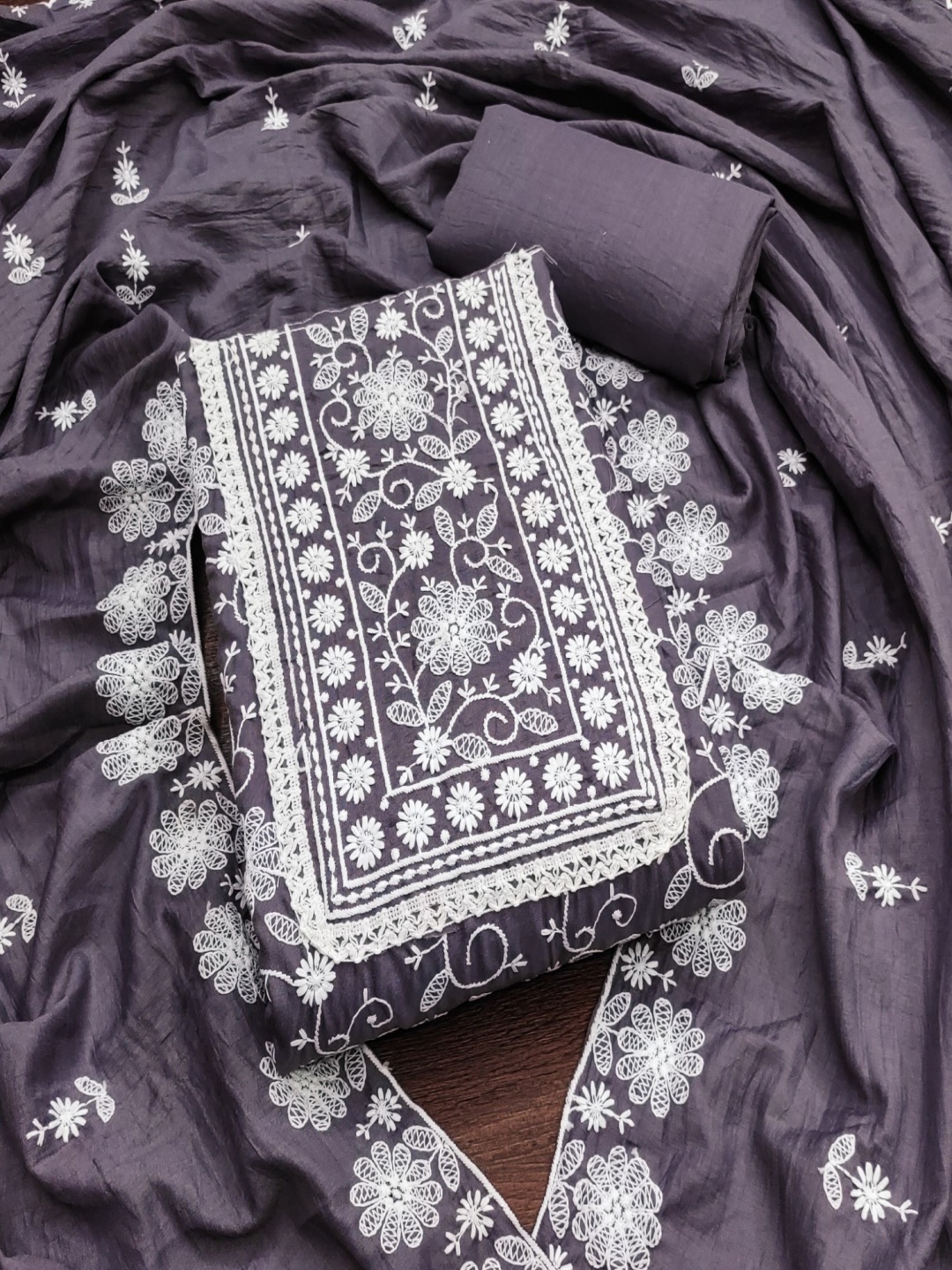 

KALINI Floral Embroidered Lucknowi Thread Work Unstitched Dress Material, Grey