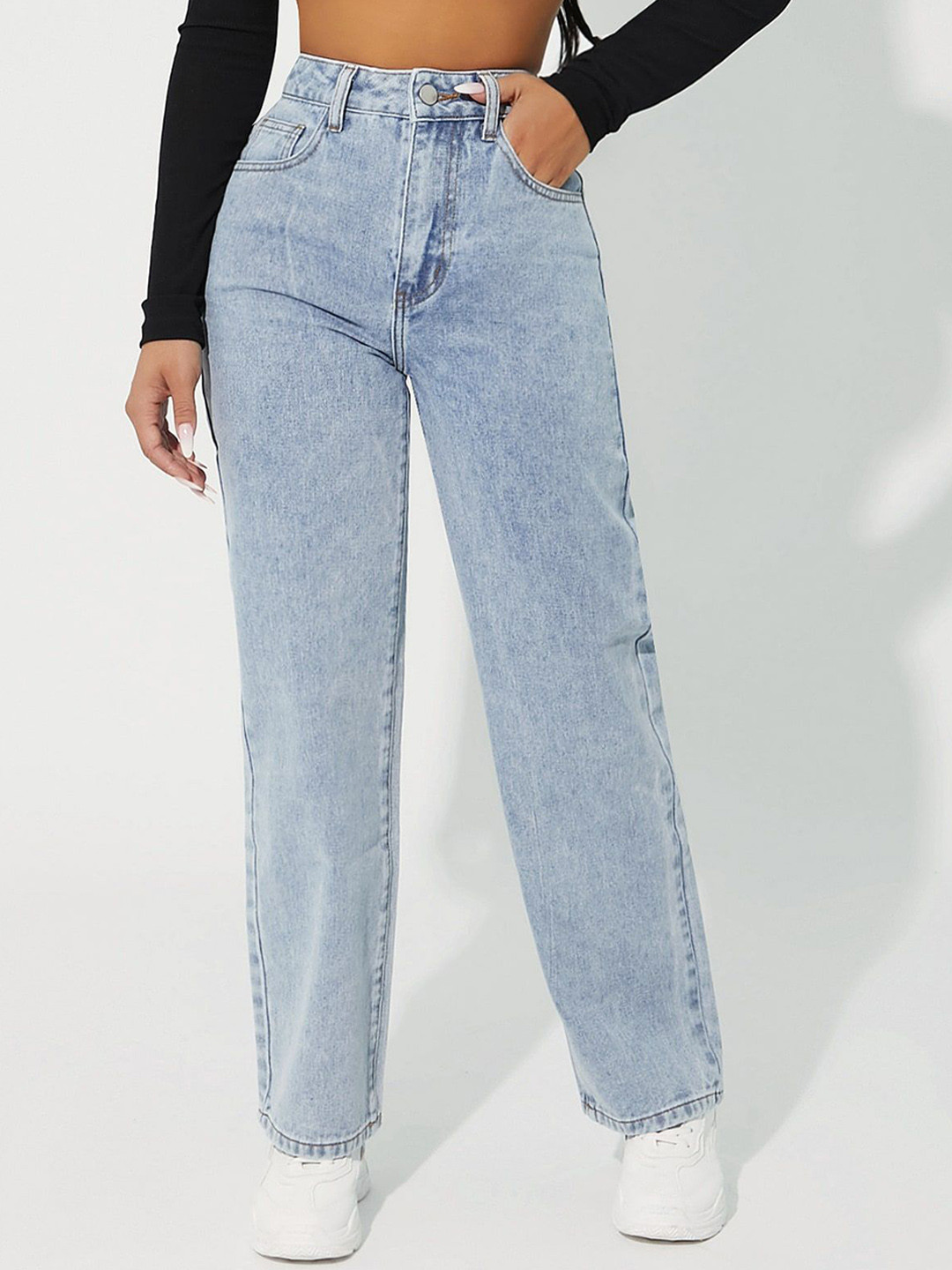 

DressBerry Women Comfort Straight Fit High-Rise Light Fade Acid Wash Stretchable Jeans, Blue