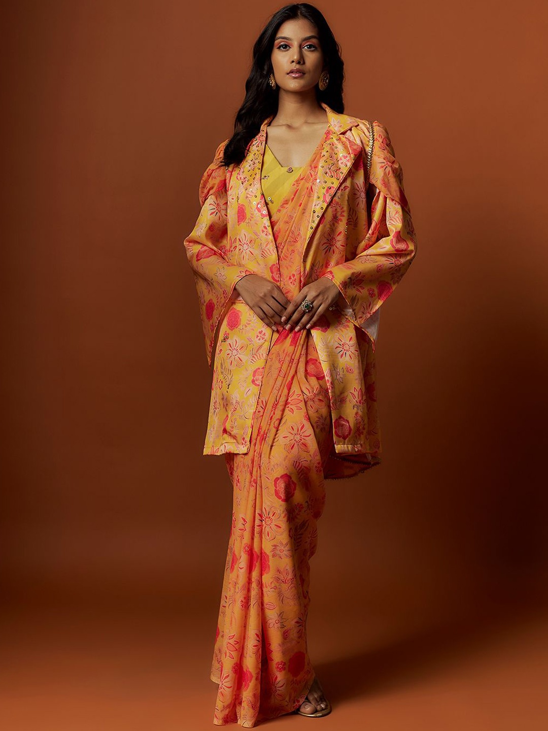 

Mystake By Meghna Shah Sequined Printed Saree With Blouse & Jacket, Yellow