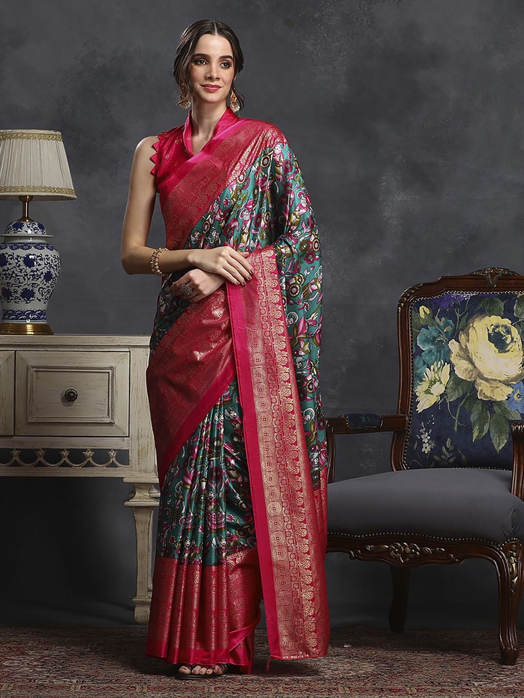 

Mitera Kalamkari Zari Silk Blend Sungudi Saree, Blue
