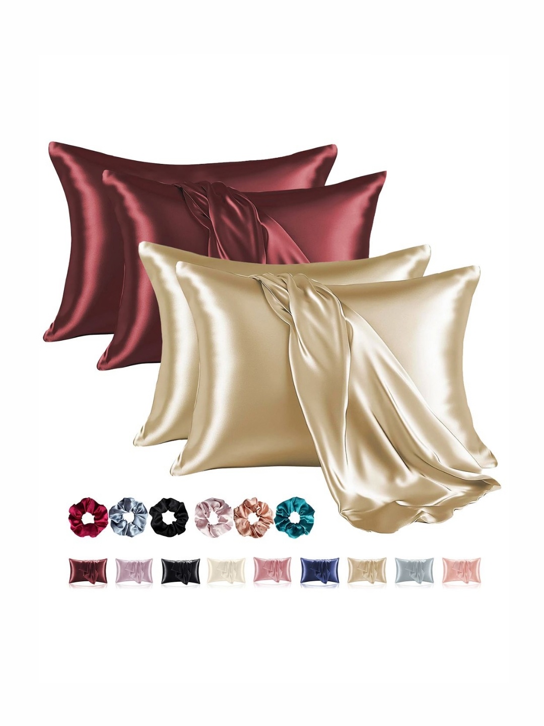 

Aura Cream-Coloured & Maroon 4 Pieces Solid Pure Silk Rectangle Pillow Covers