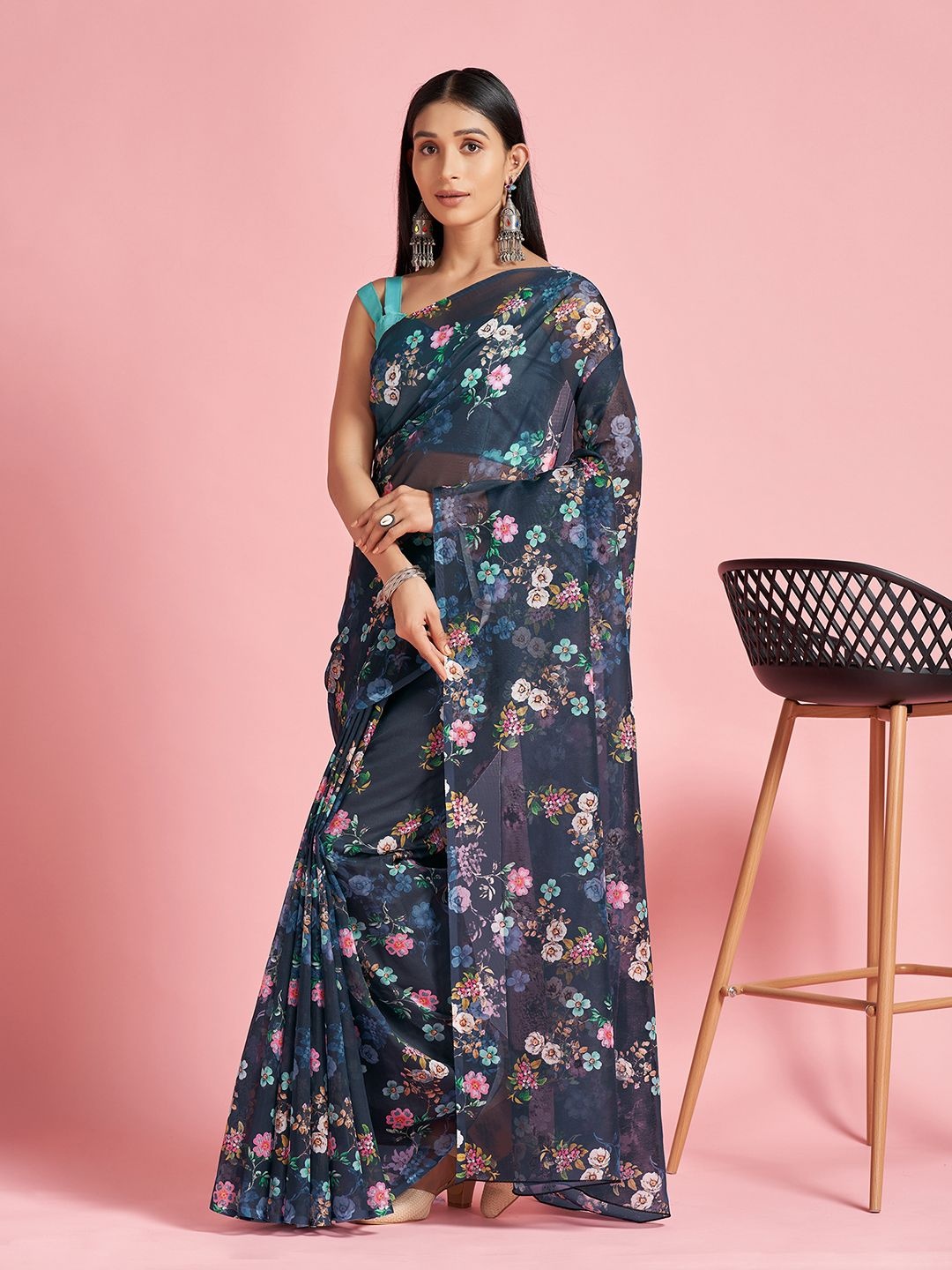 

Mitera Floral Organza Saree, Navy blue