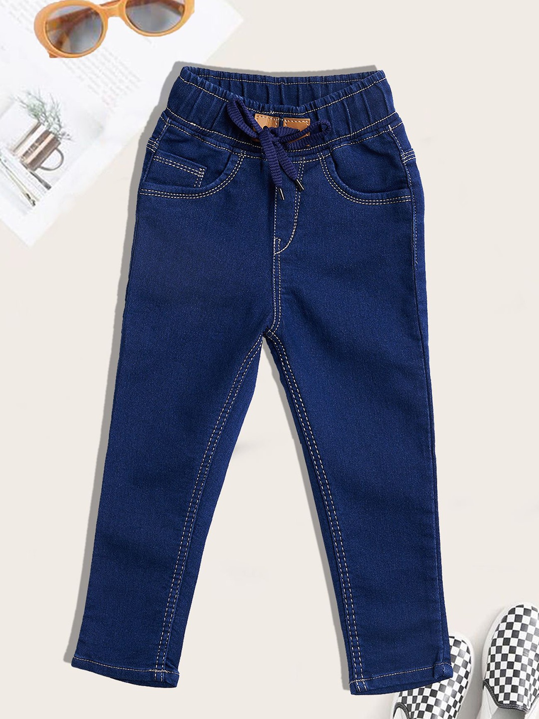 

YK Boys Jogger High-Rise Light Fade Embroidered Jeans, Navy blue