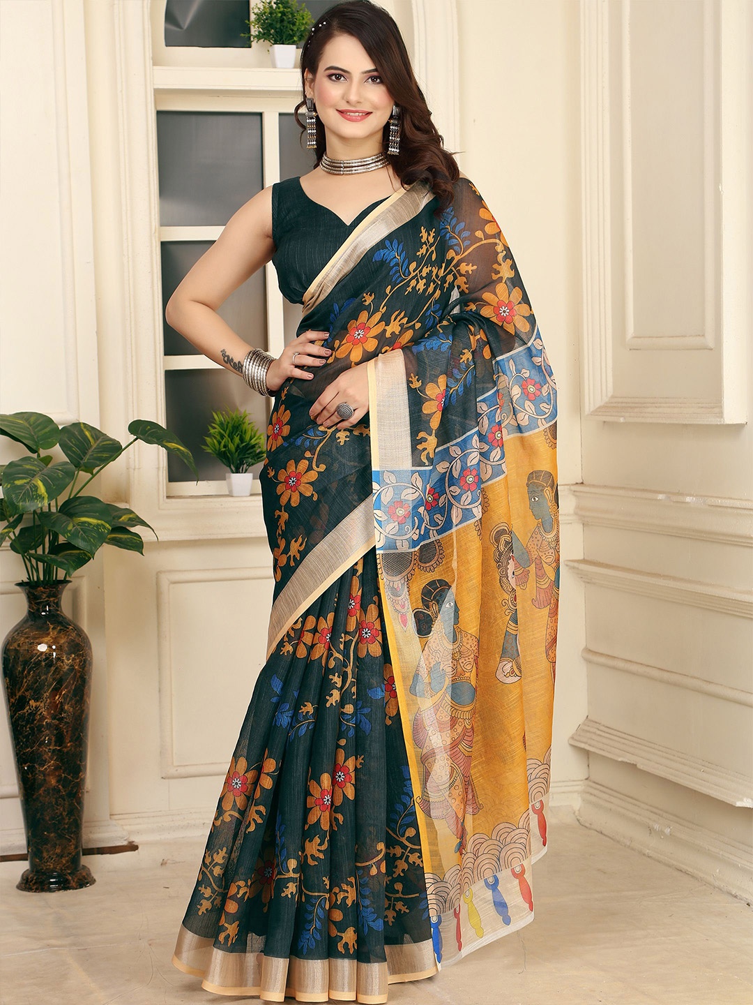 

Anouk Kalamkari Zari Linen Blend Saree, Black