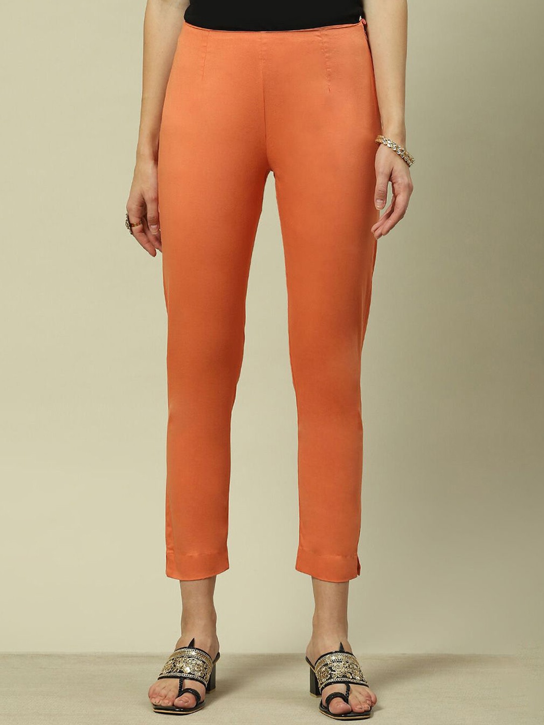 

Rangriti Women Comfort Low-Rise Pleated Trousers, Peach