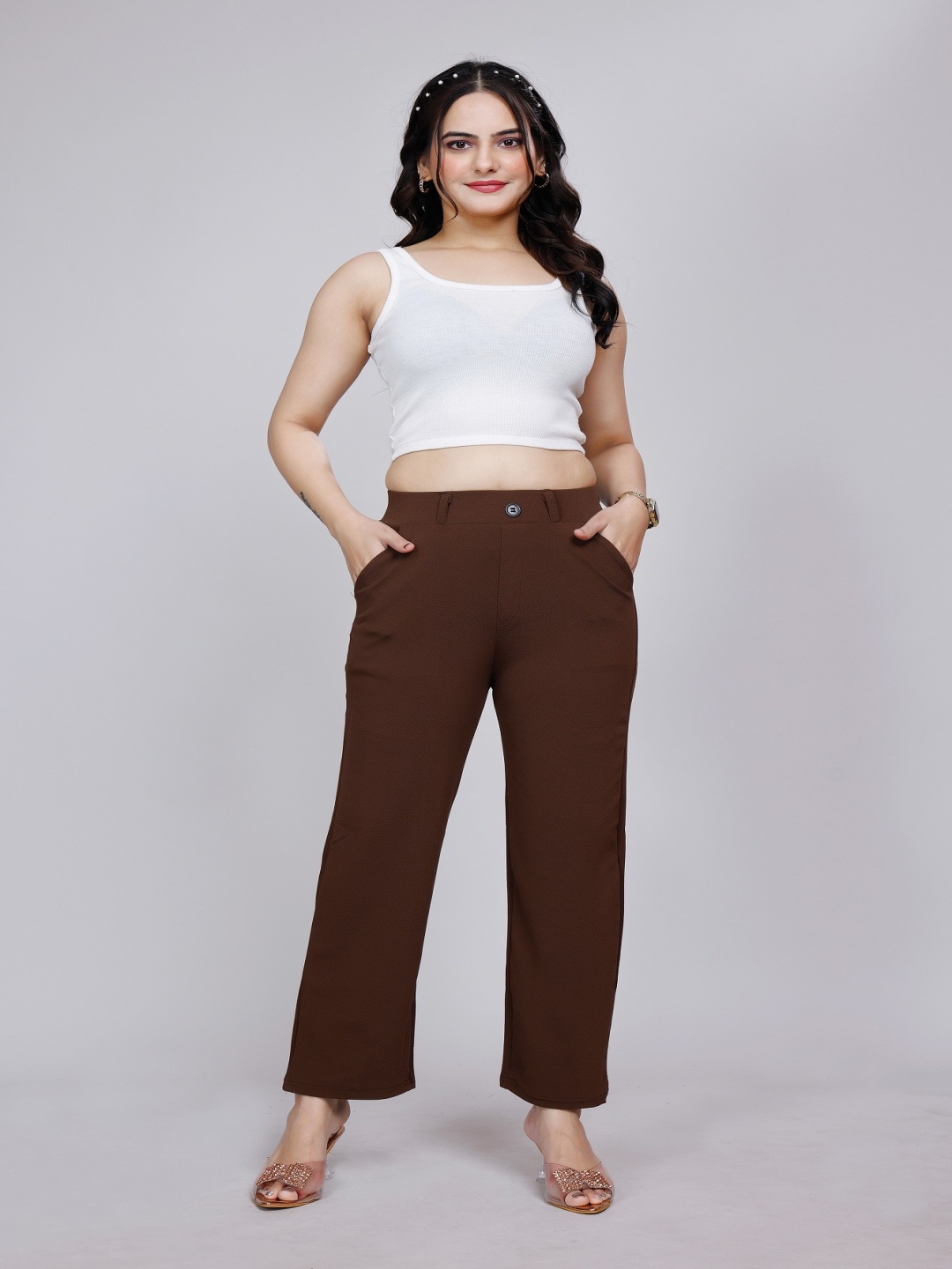 

NU CLOTHS Women Relaxed Straight Leg High-Rise Trousers, Brown
