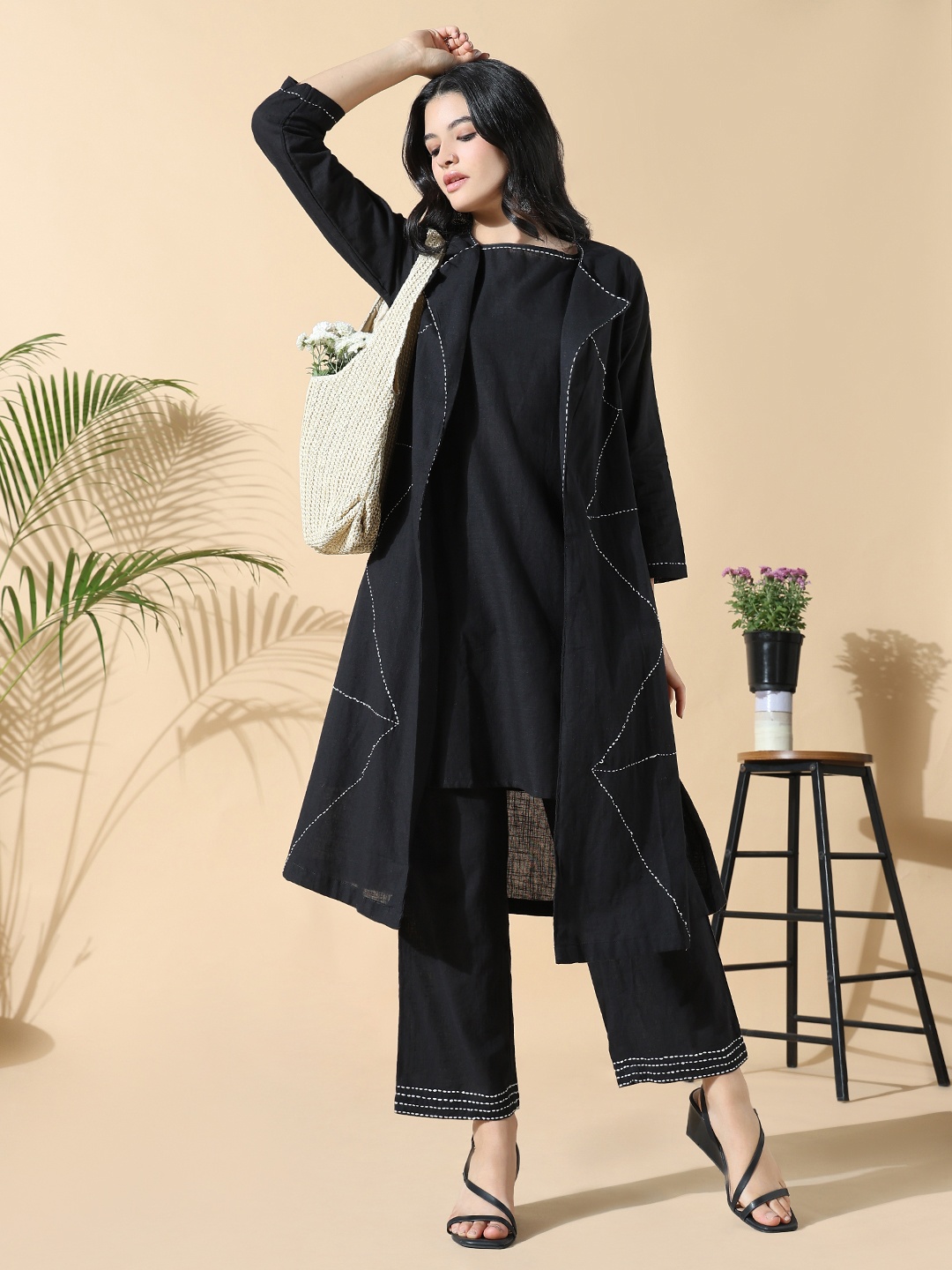 

SHOWOFF Women Regular Kantha Work Kurta with Trousers, Black