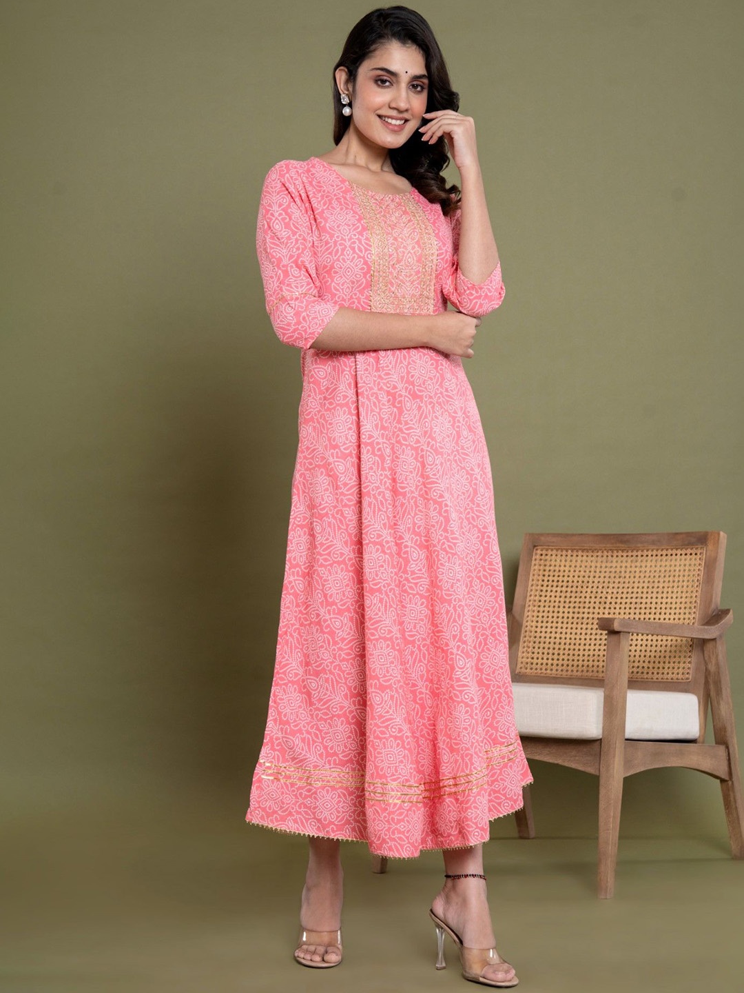 

ASANSHI Floral Printed Sequinned A-Line Ethnic Dress, Pink