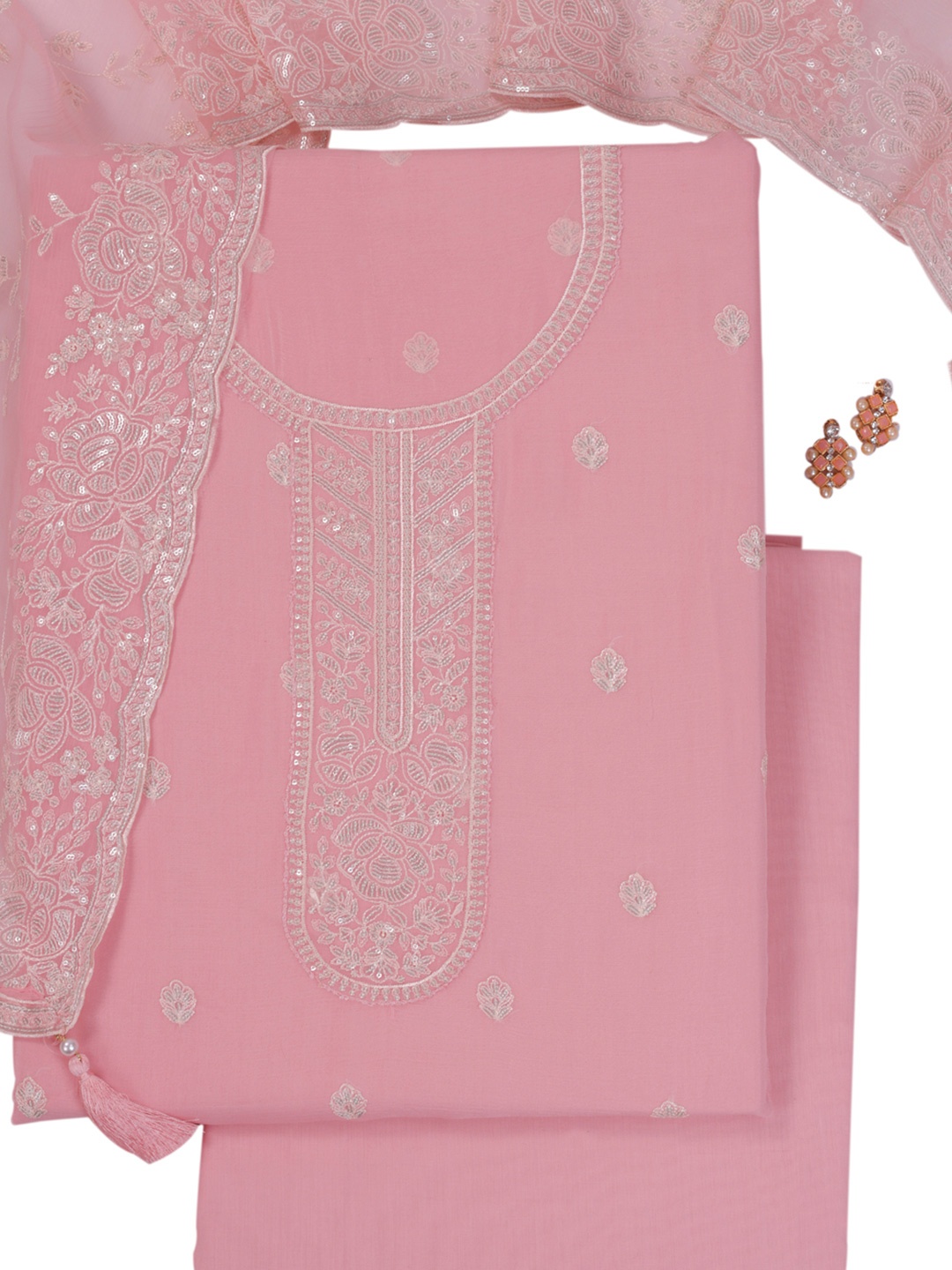 

KULEESH Floral Embroidered Sequinned Silk Chiffon Unstitched Dress Material, Pink