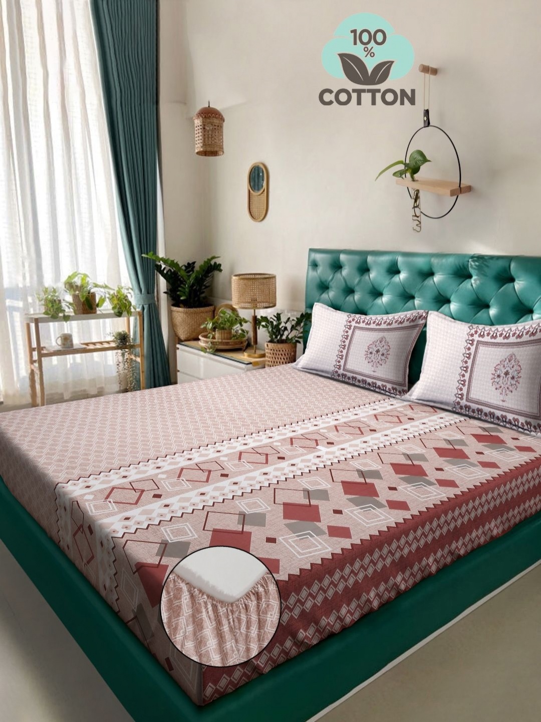 

Myntra Elegant Homes Peach Printed 400 TC Cotton King Bedsheet Set 2.70m x 2.70m