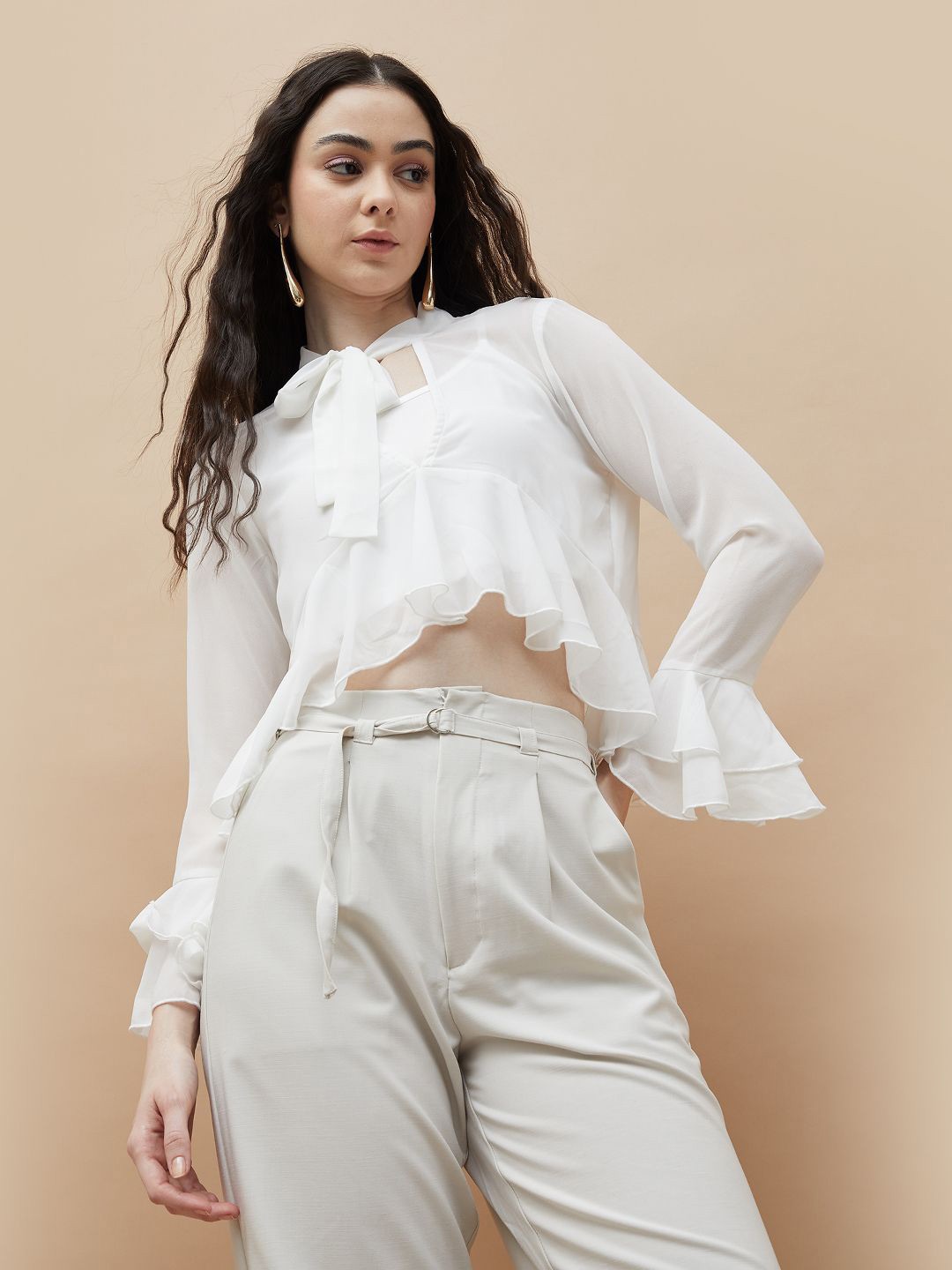 

Ginger by Lifestyle Tie-Up Neck Bell Sleeve Shirt Style Top, Off white