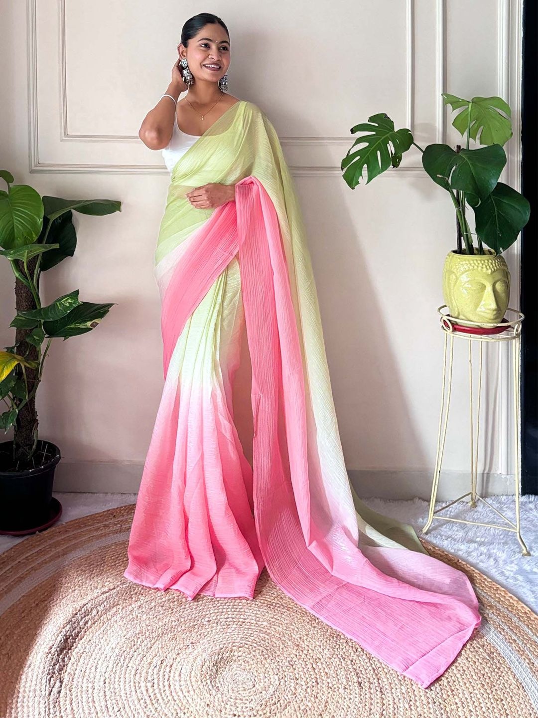 

Saree mall Ombre Pure Chiffon Ready to Wear Sarees, Green