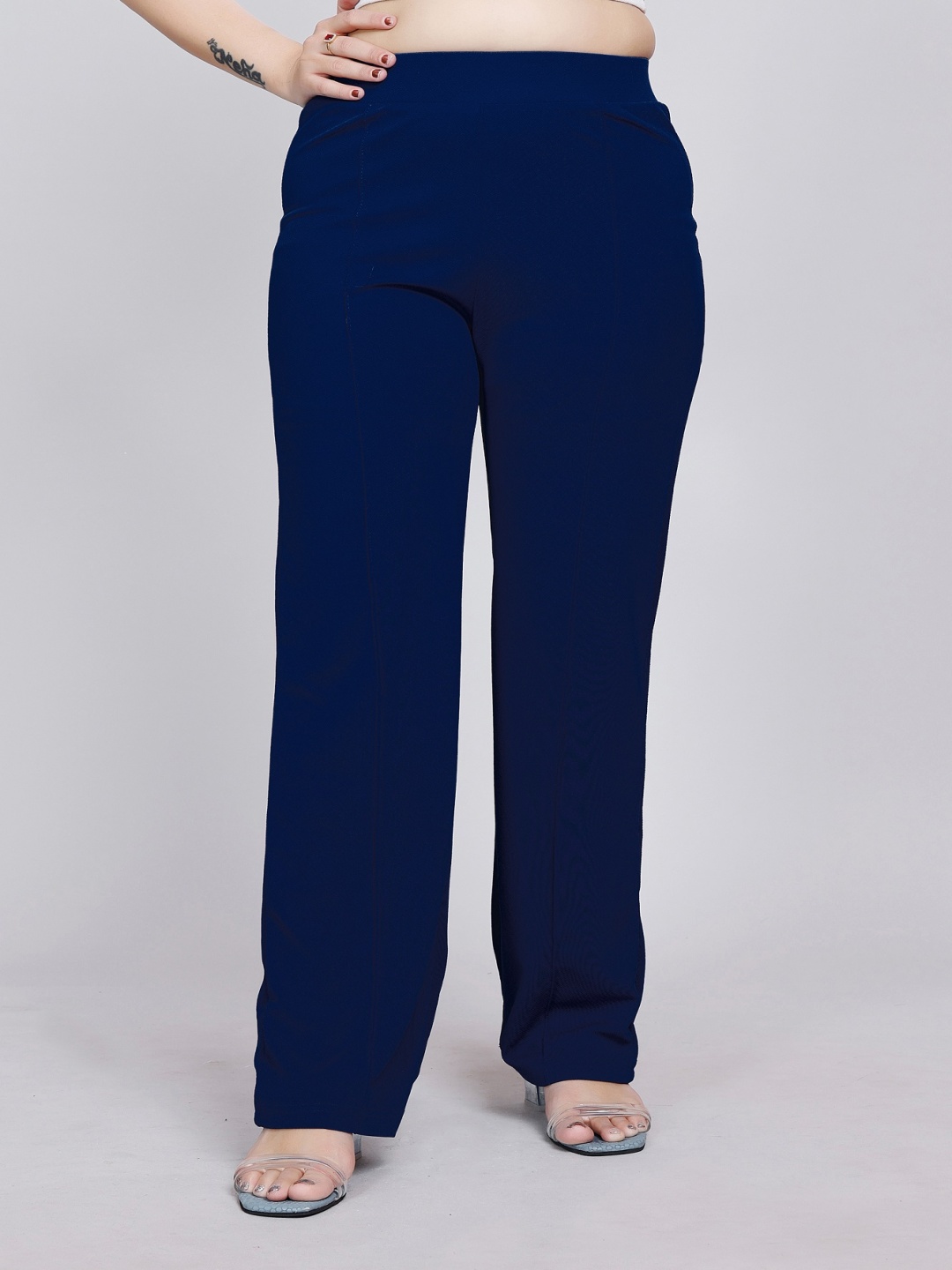 

NU CLOTHS Women Relaxed Straight Leg High-Rise Trousers, Navy blue