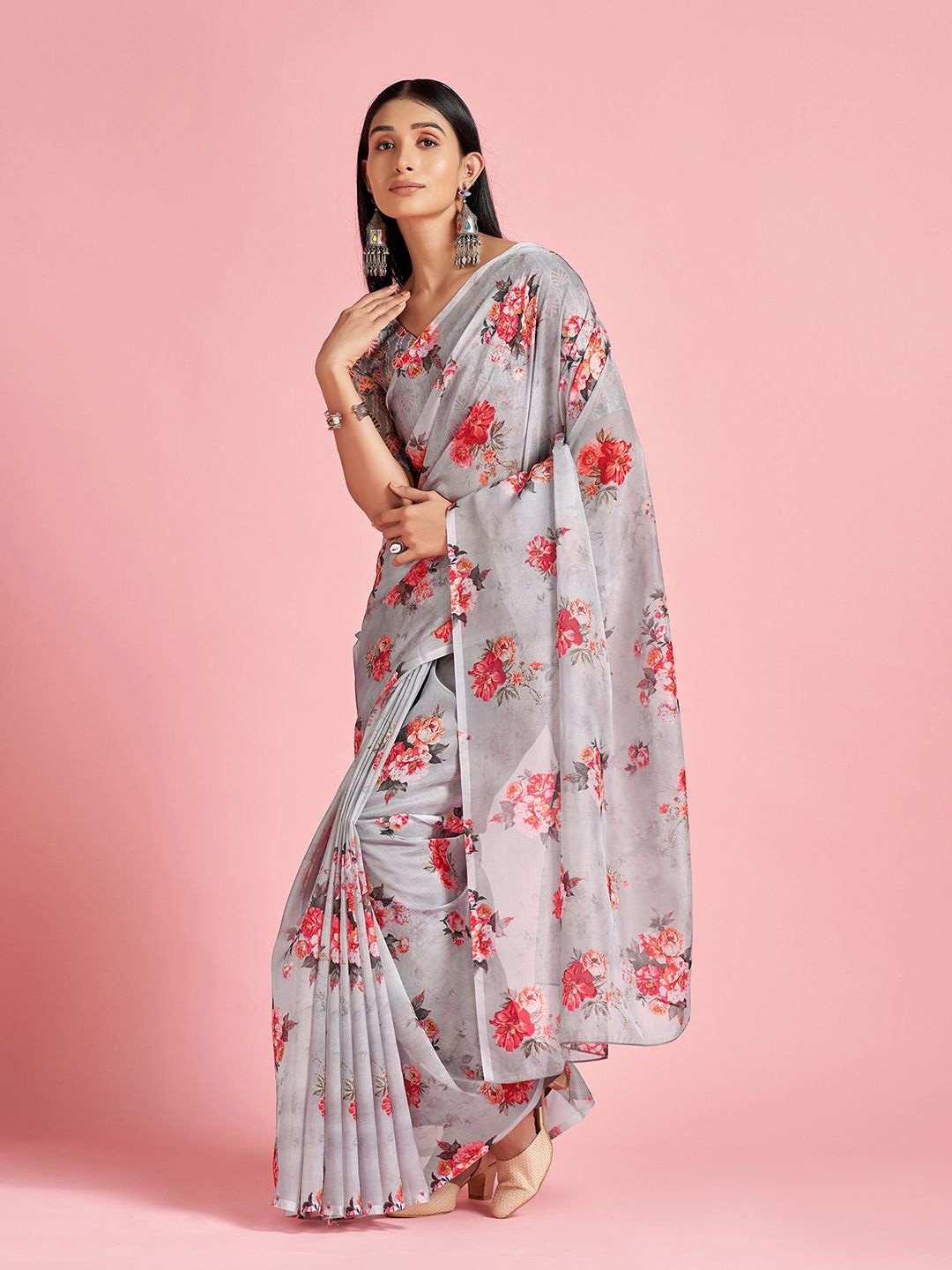 

Mitera Floral Organza Designer Saree, Grey