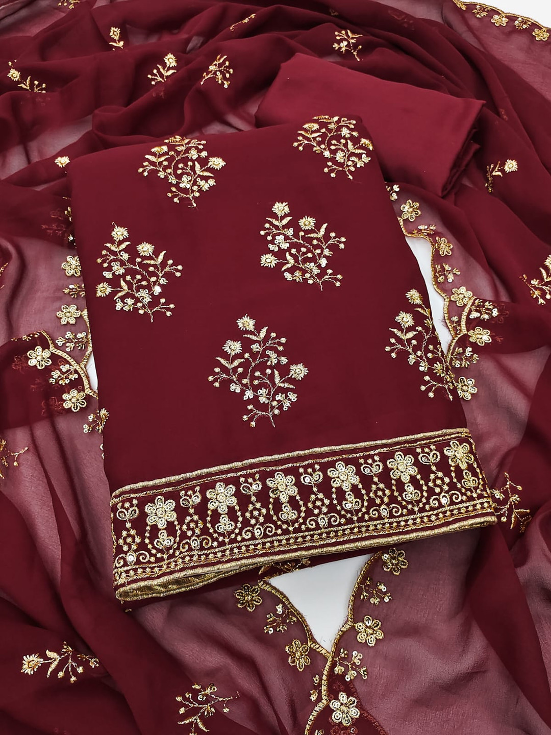 

SWARNGANGA TEX Floral Embroidered Sequinned Georgette Unstitched Dress Material, Maroon