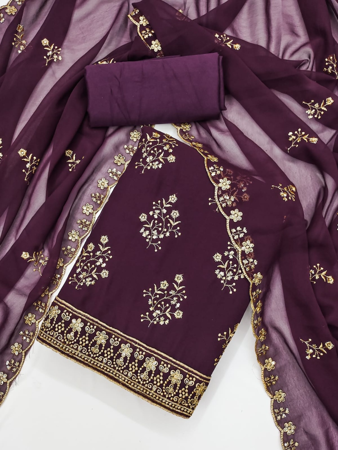 

SWARNGANGA TEX Floral Embroidered Sequinned Georgette Unstitched Dress Material, Purple