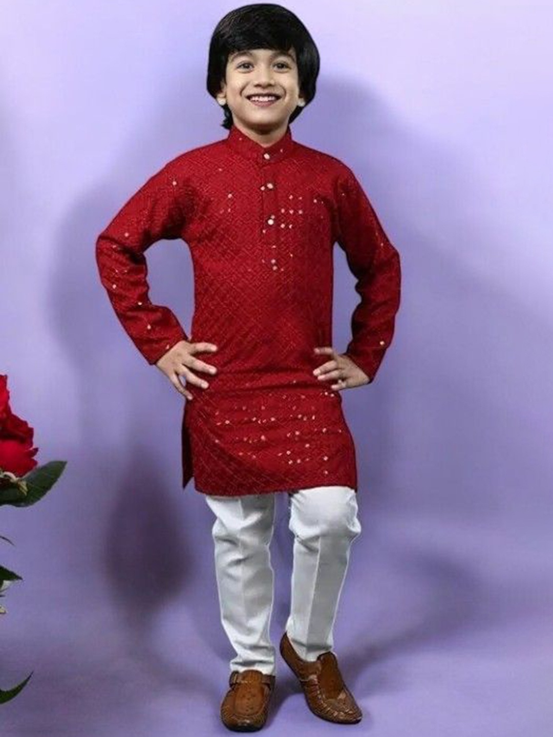 

Qtsy Boys Embroidered Regular Mirror Work Pure Cotton Kurta with Pyjamas, Maroon