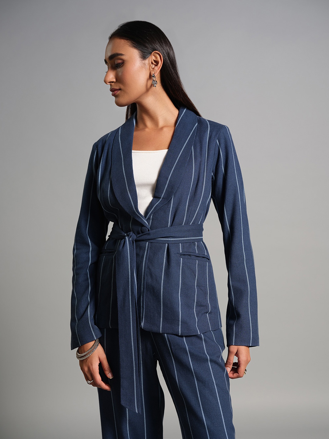 

AND Striped Notched Lapel Collar Blazer & Trouser, Blue