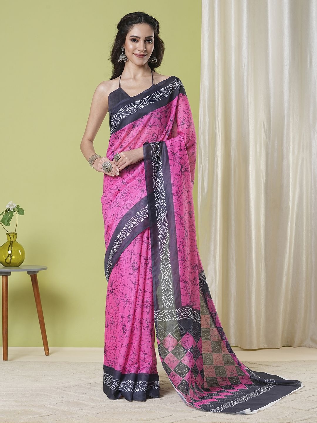 

DIVASTRI Bandhani Silk Cotton Chanderi Saree, Pink