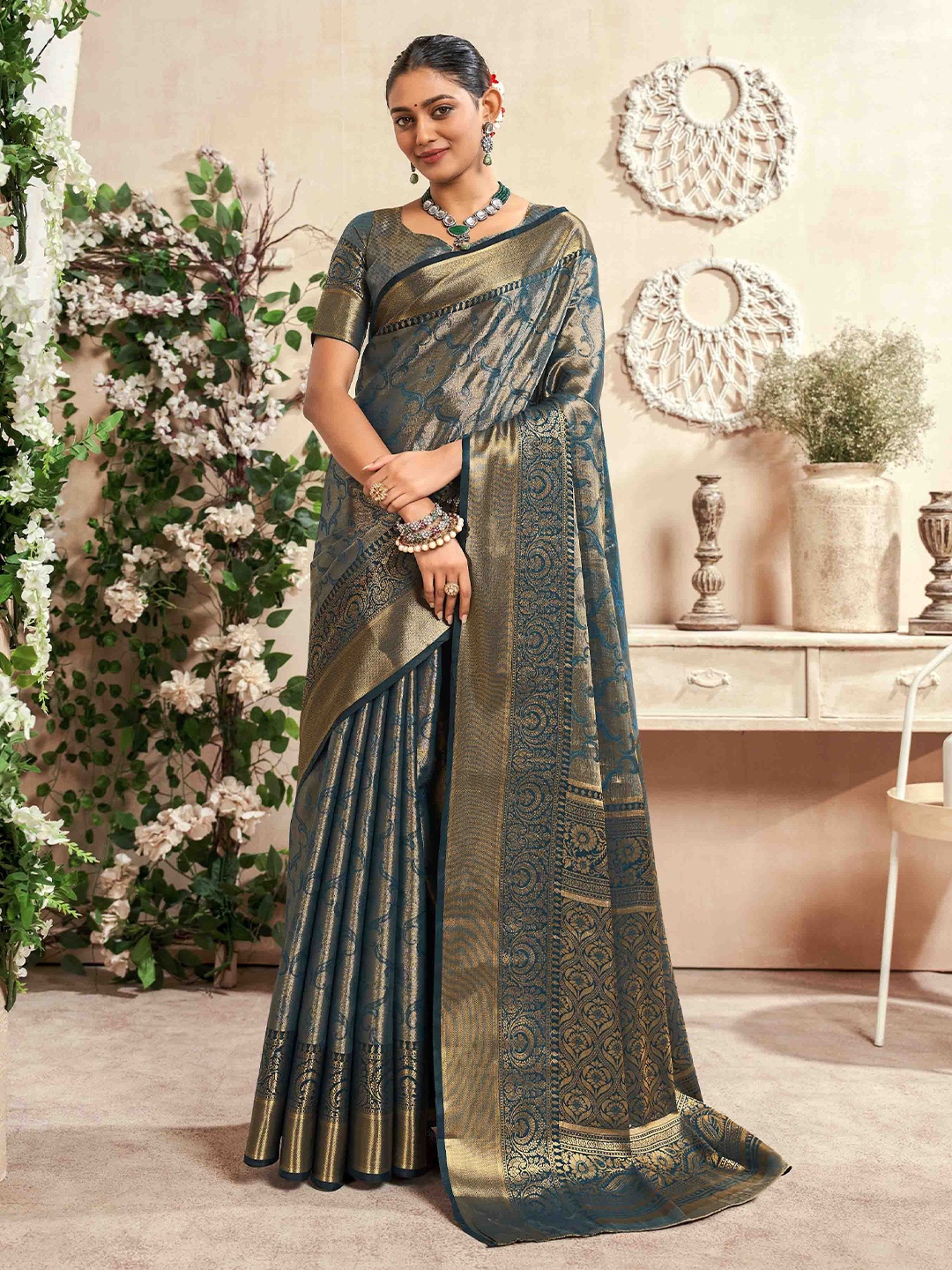 

Blissta Ethnic Motifs Zari Silk Blend Dharmavaram Saree, Teal