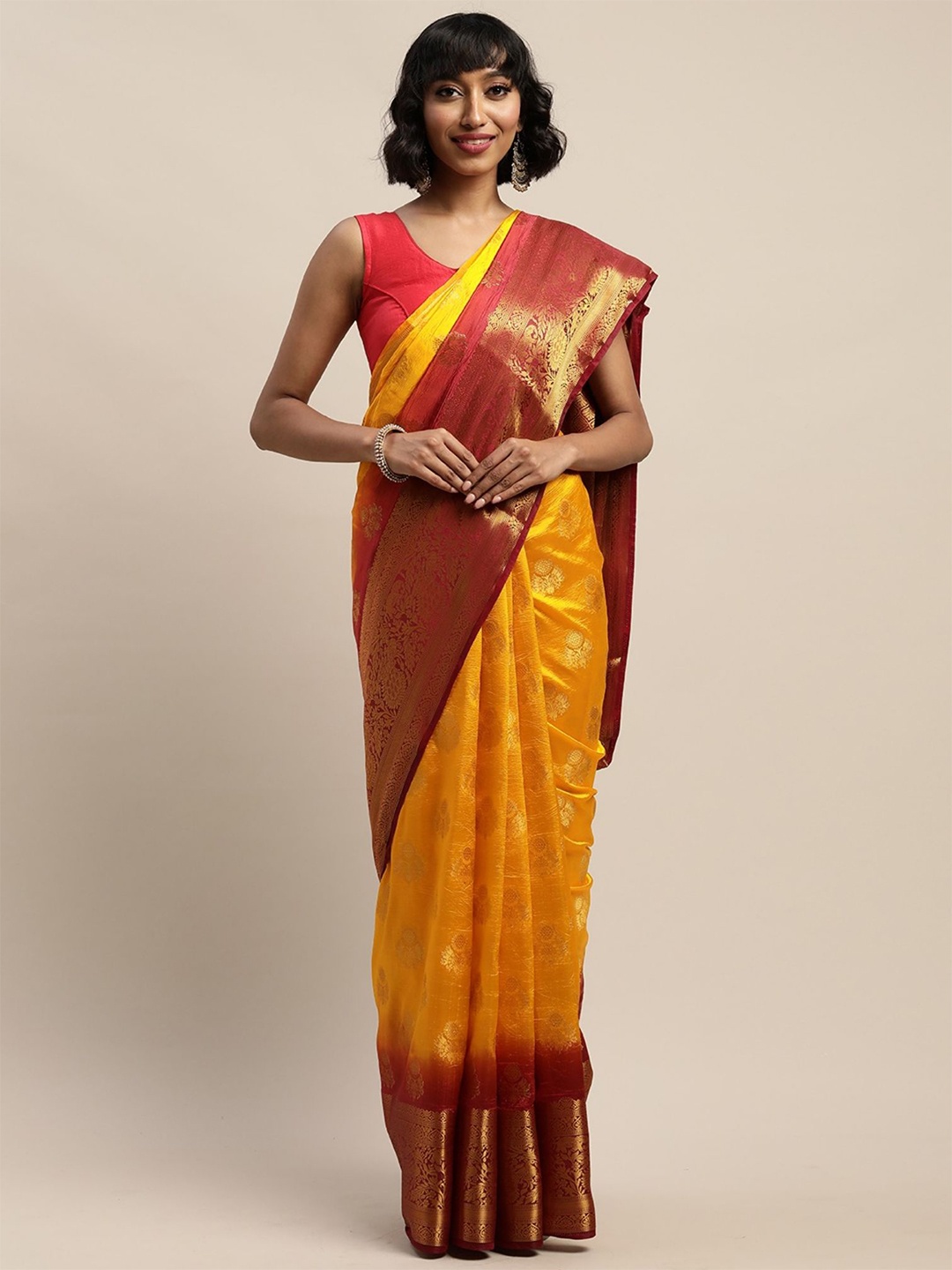 

DIVASTRI Woven Design Zari Silk Blend Banarasi Saree, Yellow