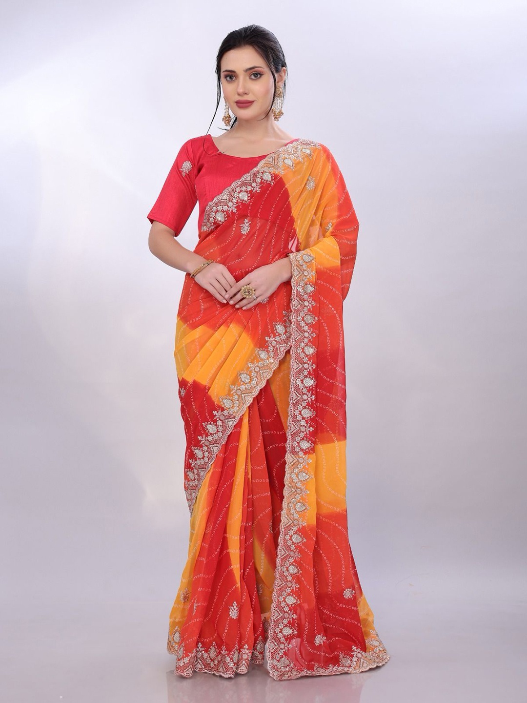 

VenderVilla Bandhani Sequinned Pure Georgette Saree, Red