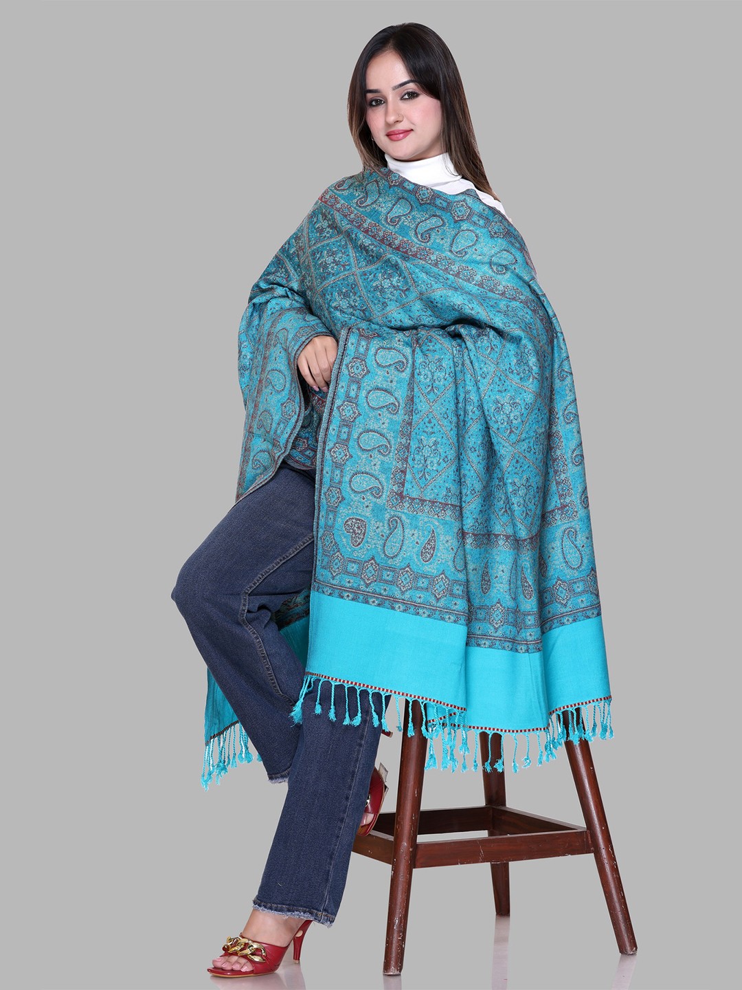 

Tones-N-Shades Floral Woven Design Shawl, Blue