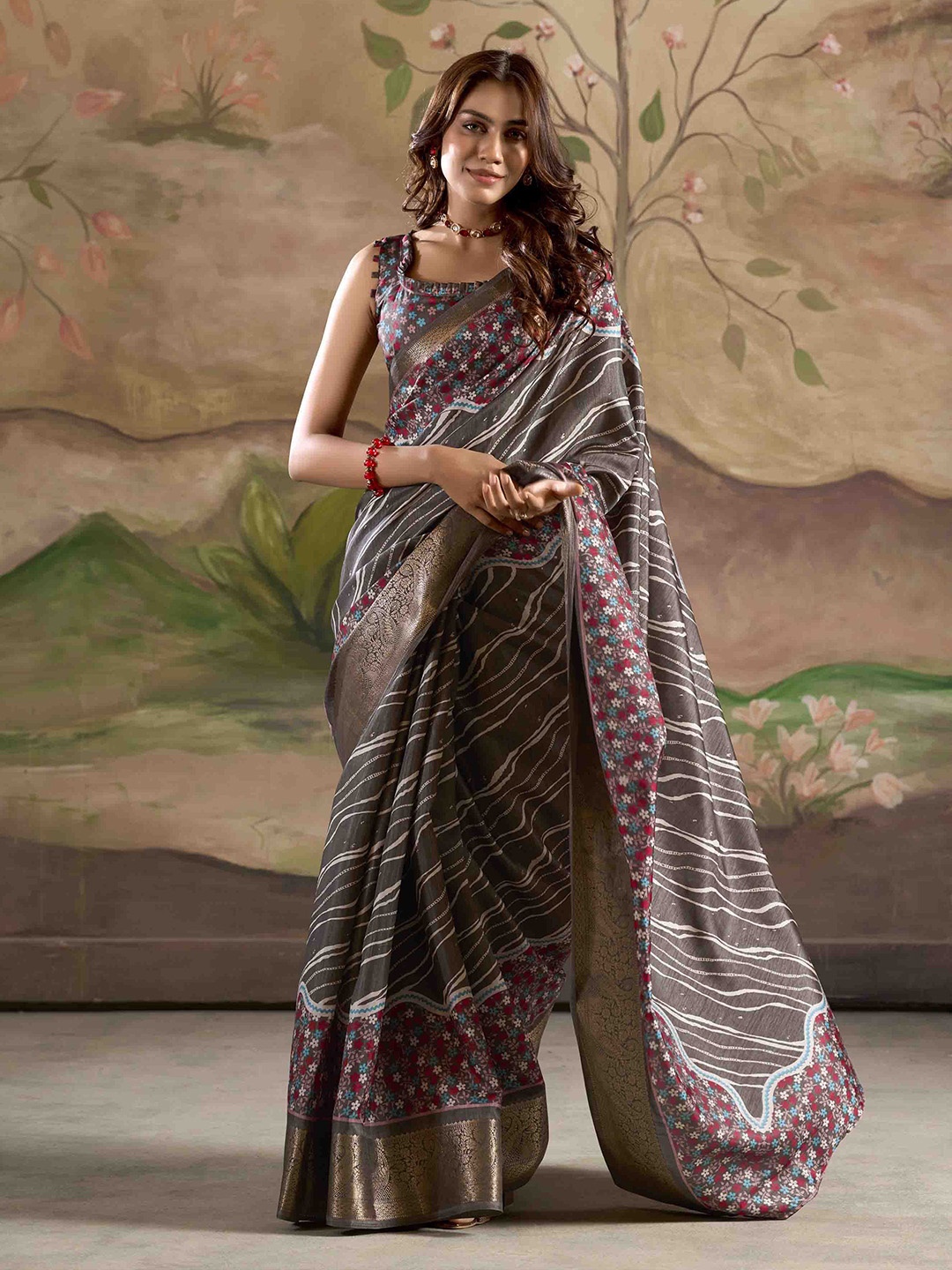 

KALINI Floral Zari Silk Blend Saree, Grey