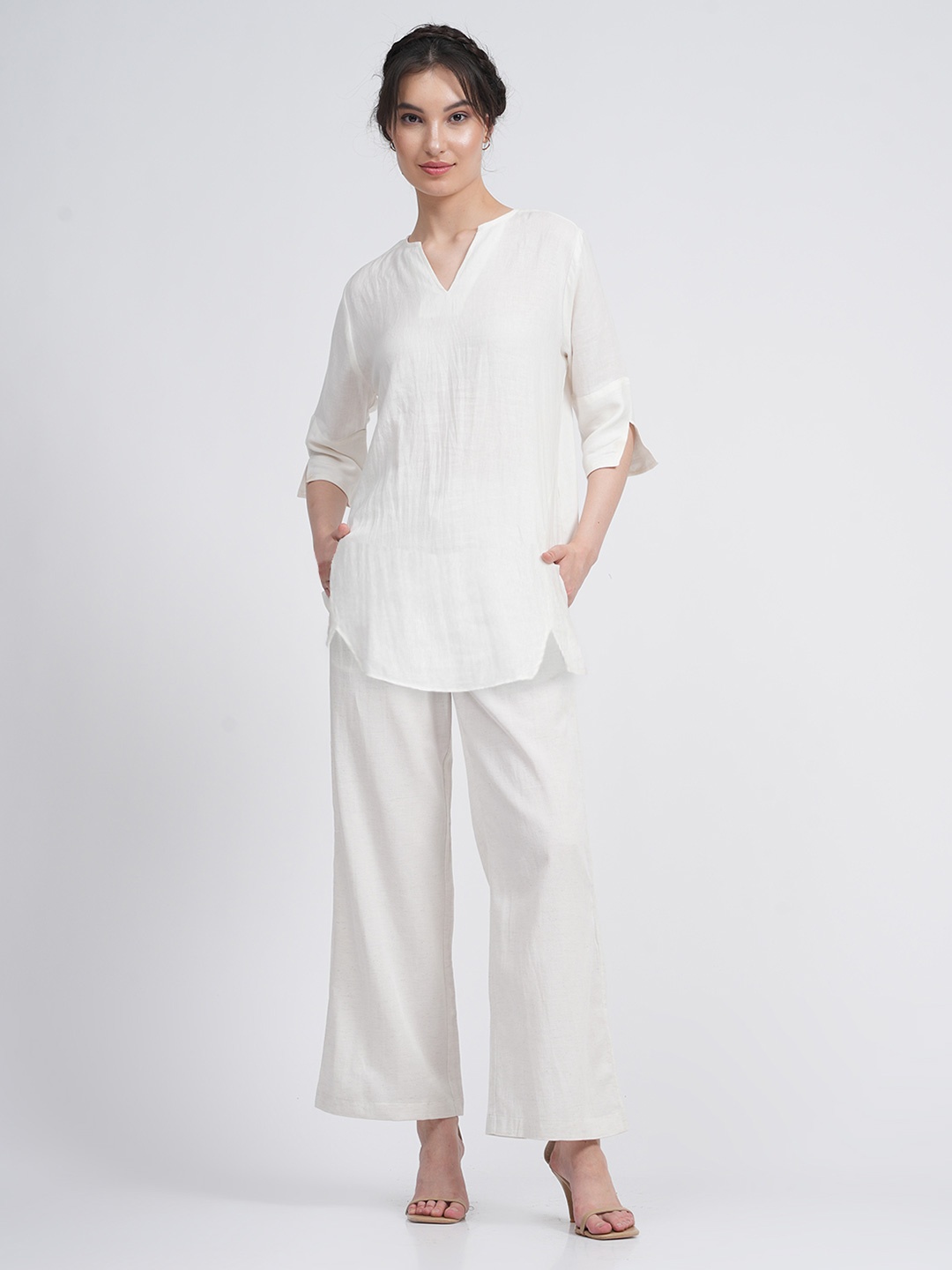 

Saltpetre Split V-Neck Top With Wide Leg Pant Co-Ord Set, Cream