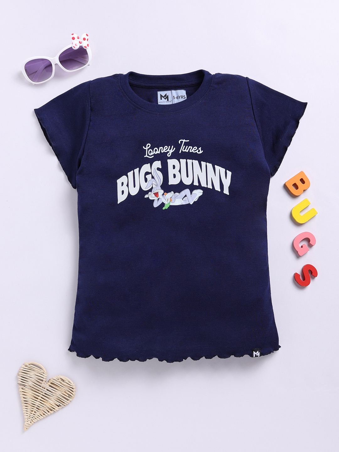 

YK X Minute Mirth Girls Bugs Bunny Printed Cotton Top, Navy blue