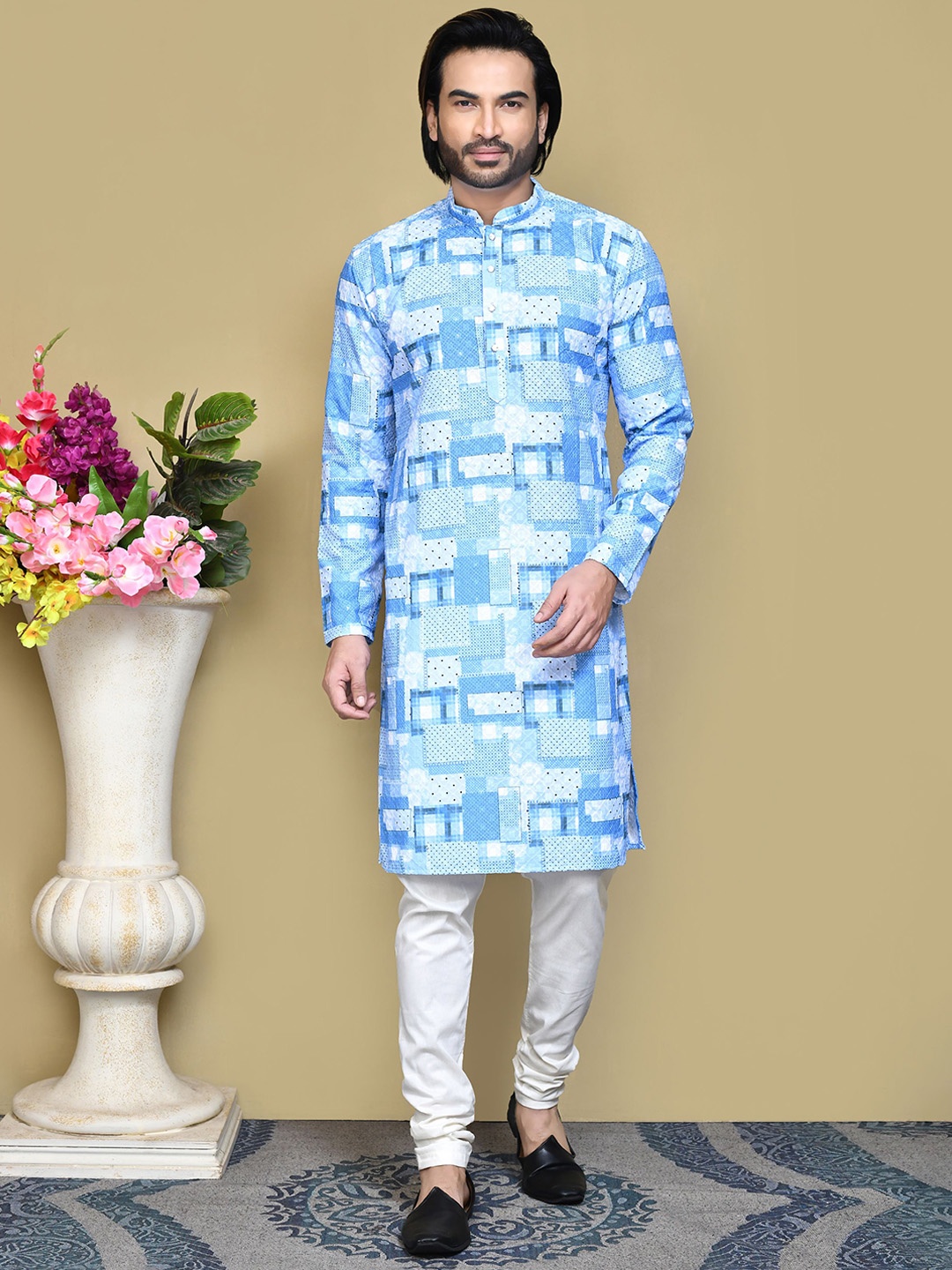 

RANAK Men Ethnic Motifs Embroidered Regular Pure Cotton Kurta with Pyjamas, Blue