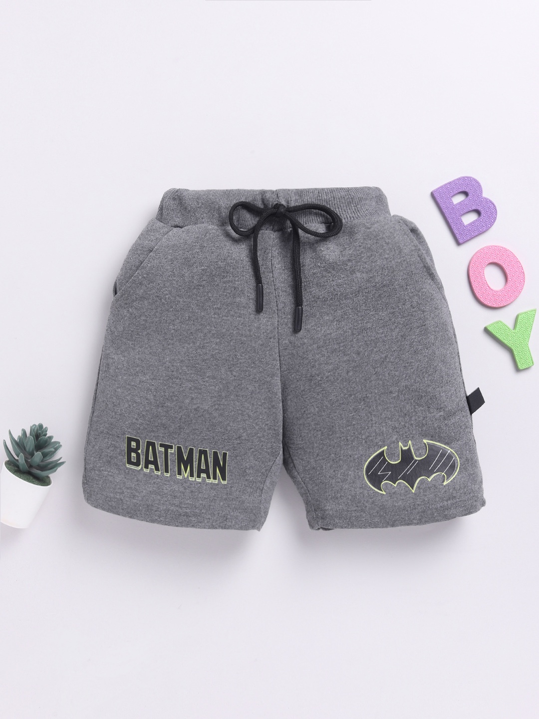 

YK X Minute Mirth Boys Batman Printed Cotton Shorts, Grey