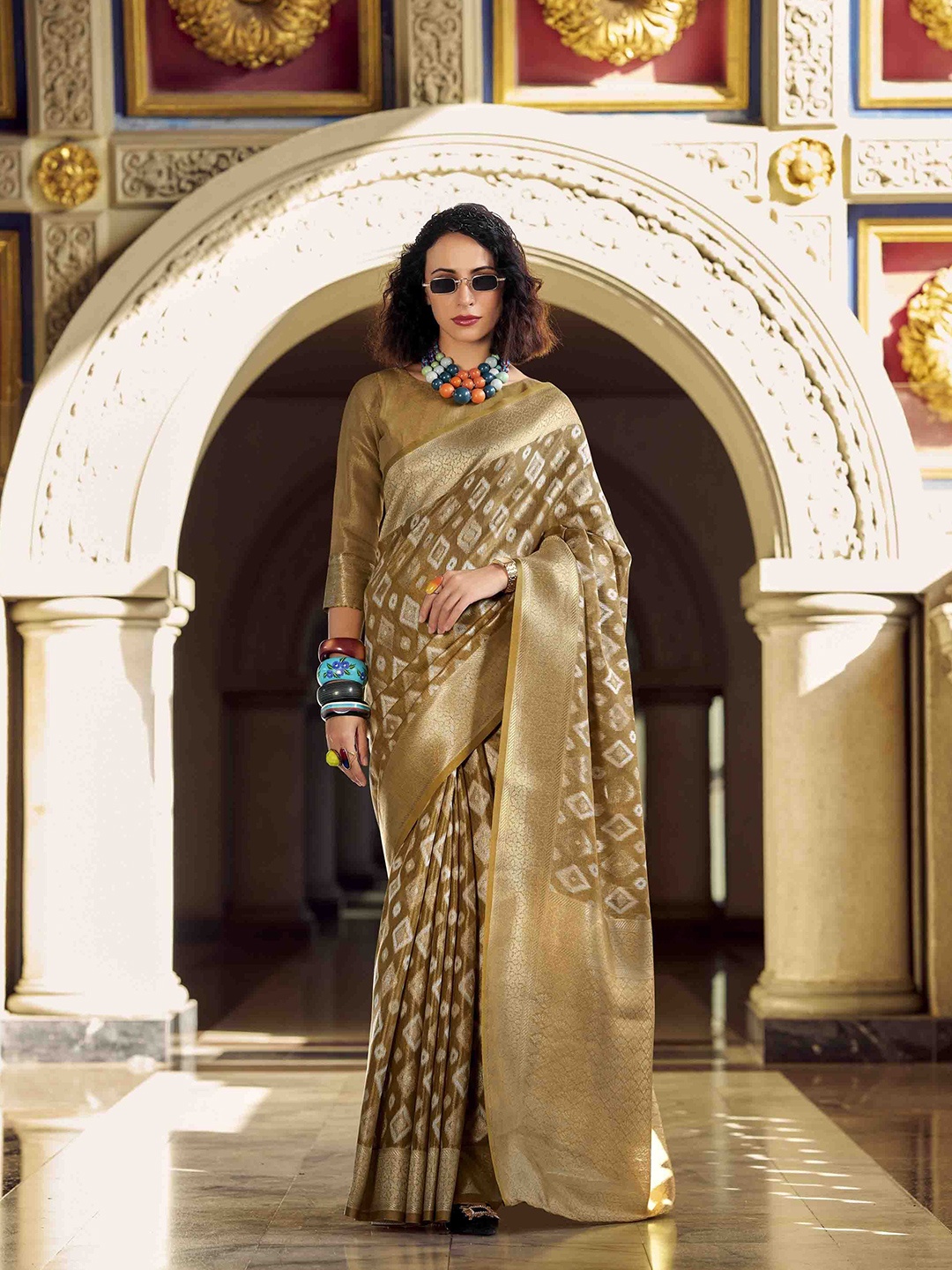 

Blissta Woven Design Zari Tissue Ikat Saree, Camel brown