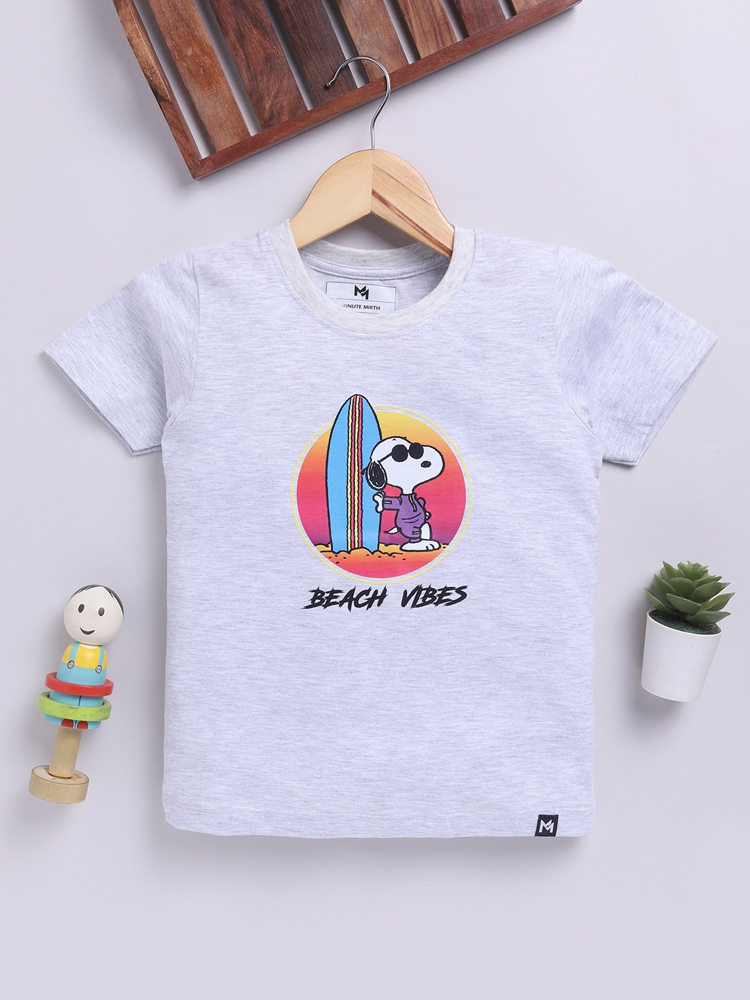 

YK X Minute Mirth Boys Printed Pure Cotton T-shirt, Grey melange